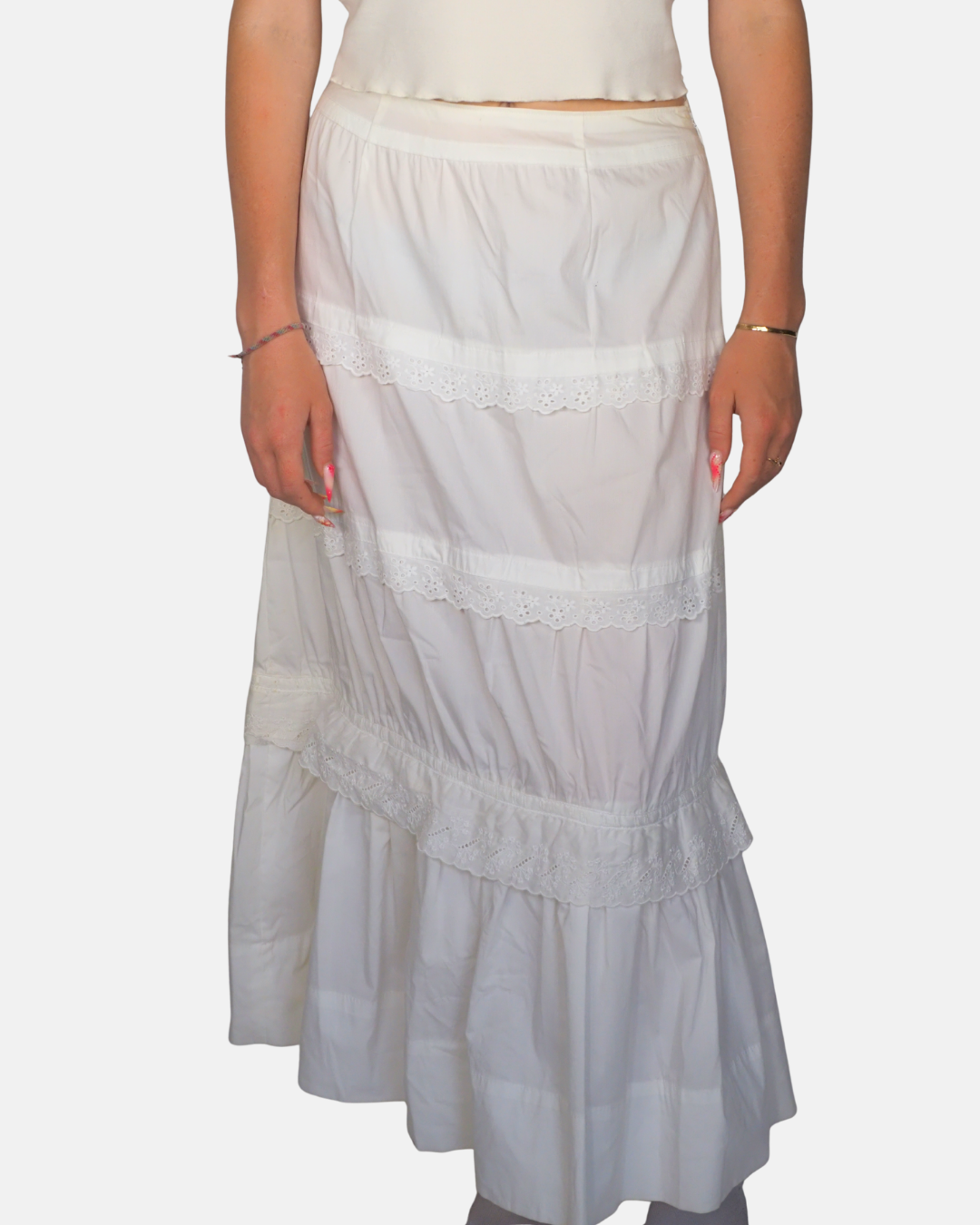 Handmade White Lace Tiered Maxi Skirt