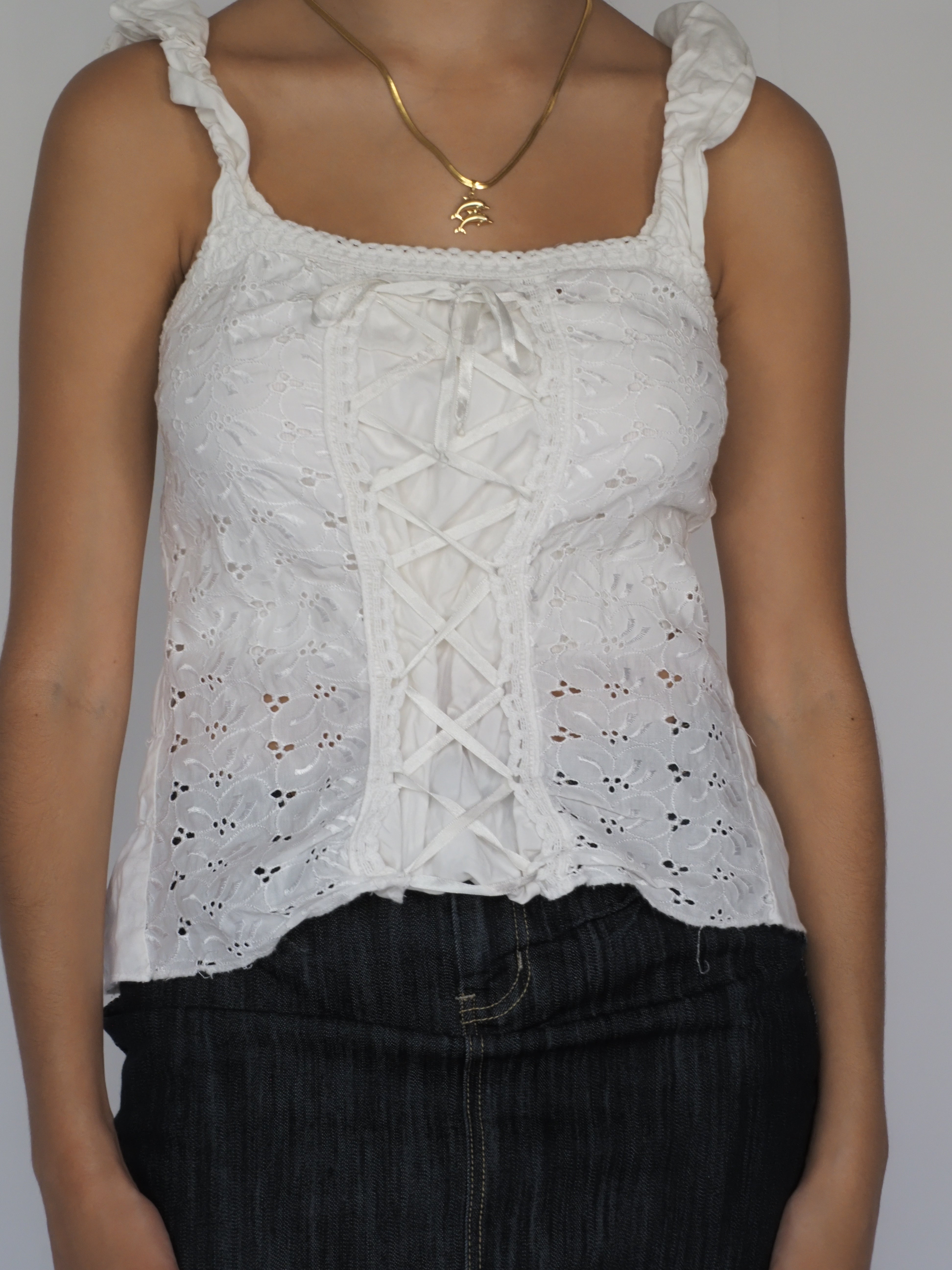 White Broderie Anglaise Corset-Style Top with Ruffle Straps