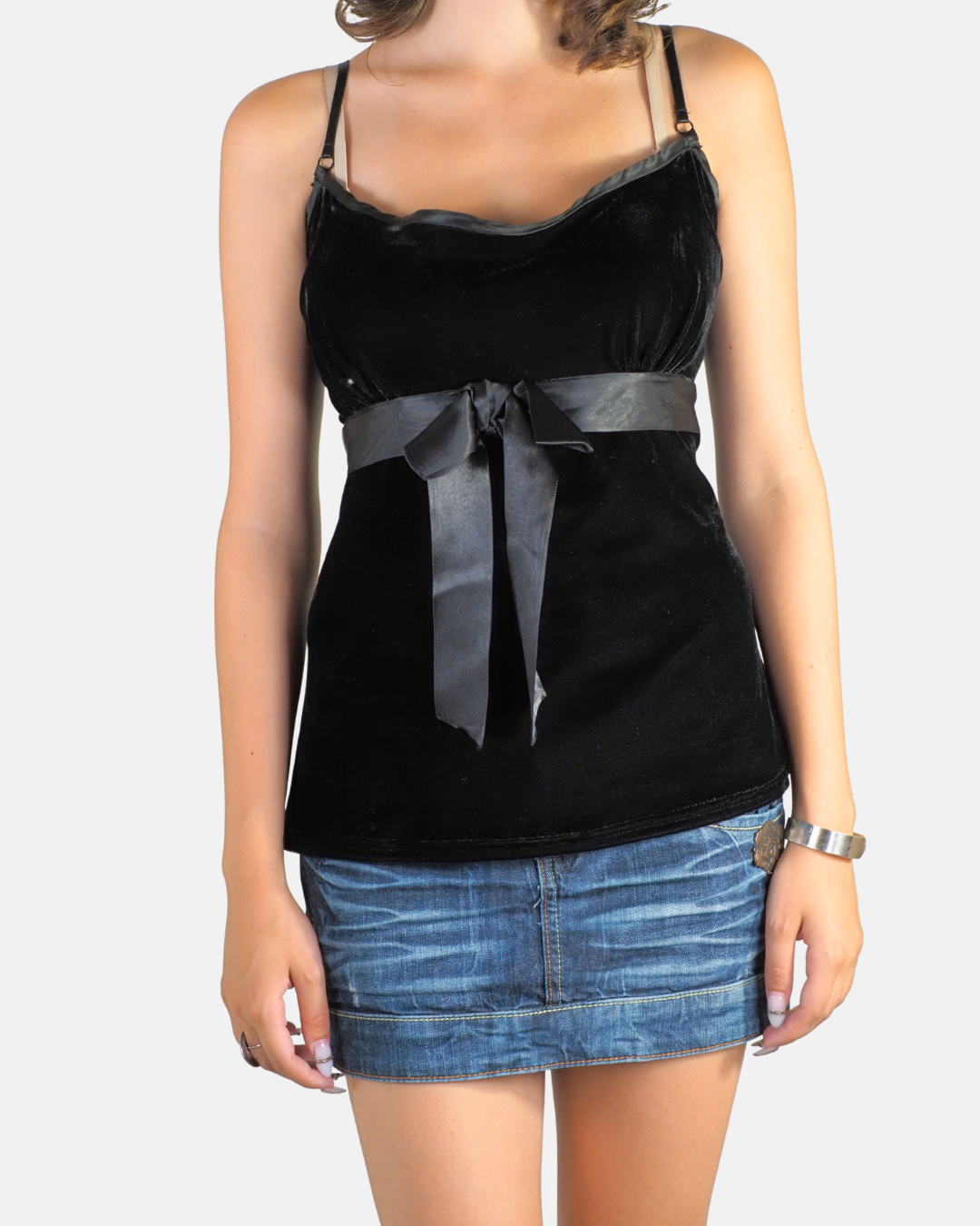 Y2K Black Velvet Satin Bow Cami Top