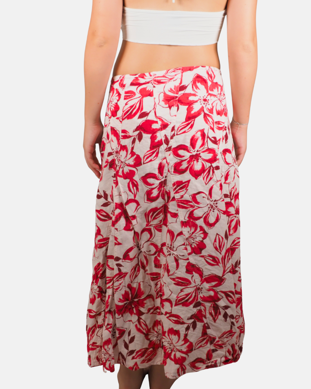Red Floral Linen Blend Midi Skirt by Evie