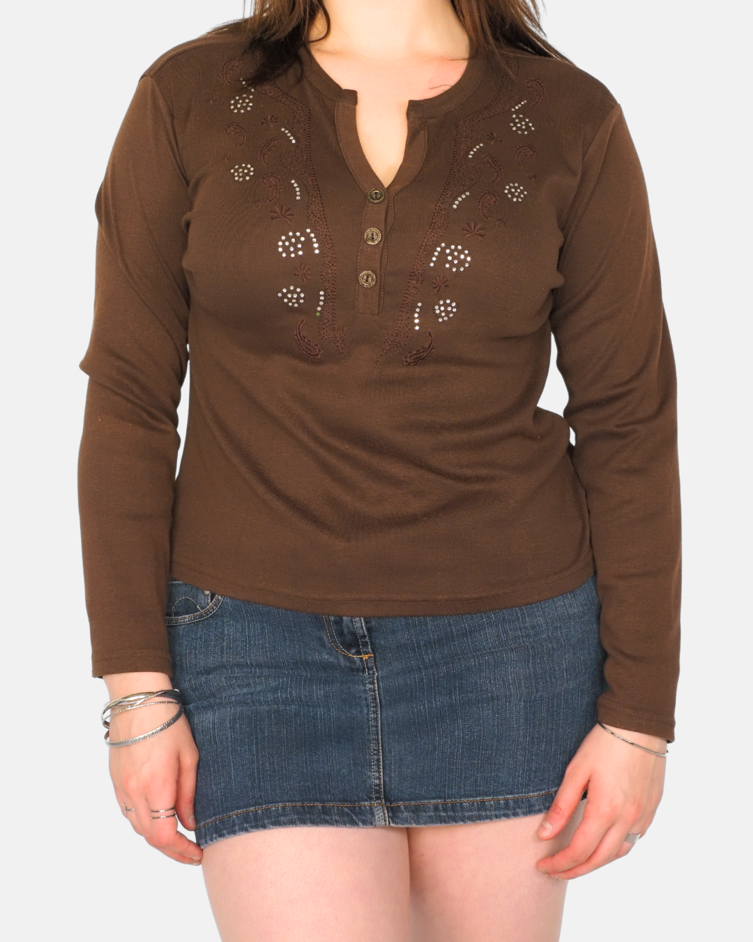Chocolate Brown Embroidered Henley Long Sleeve Top