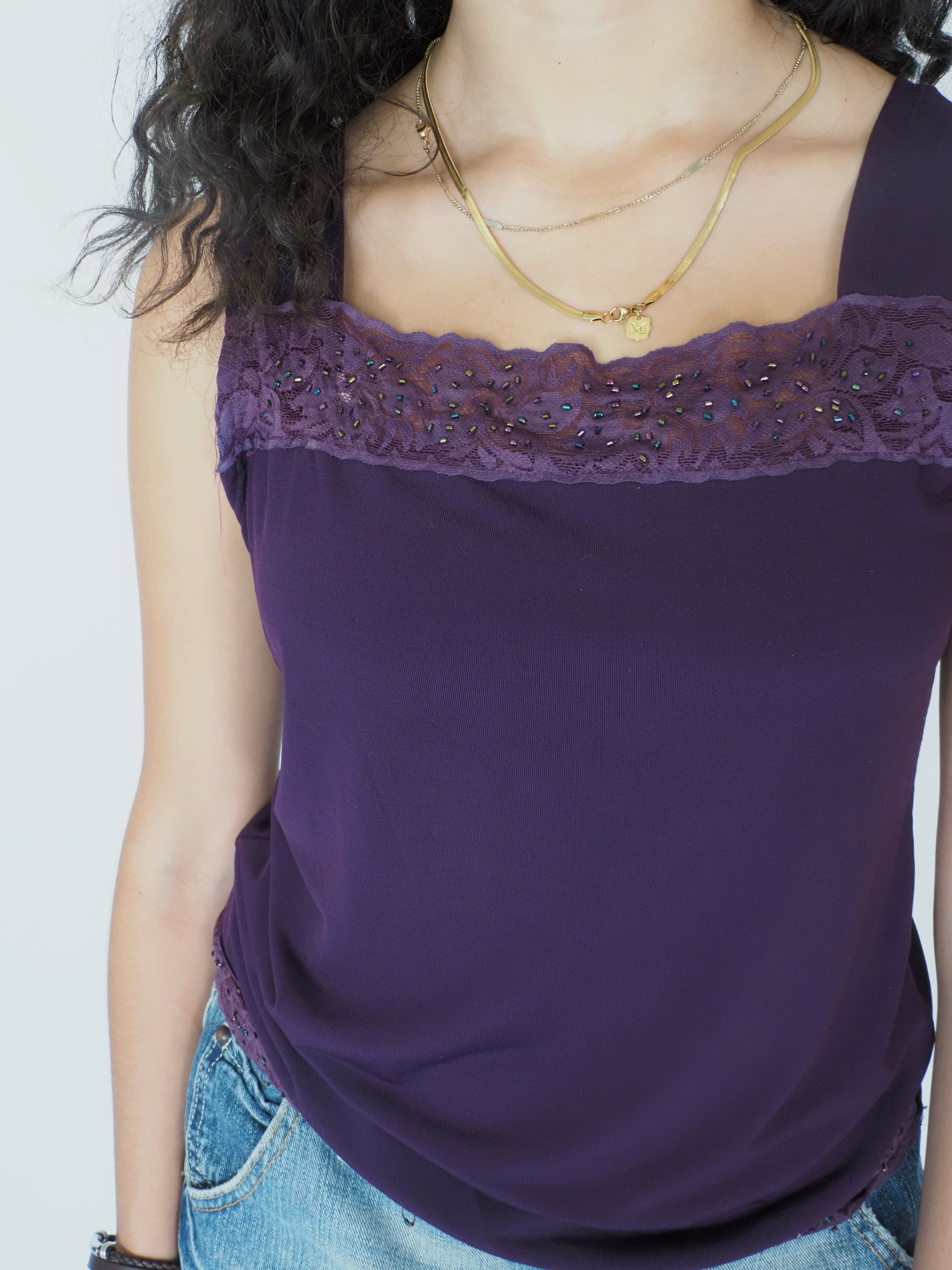 Maccine Purple Beaded Lace-Trim Tank Top
