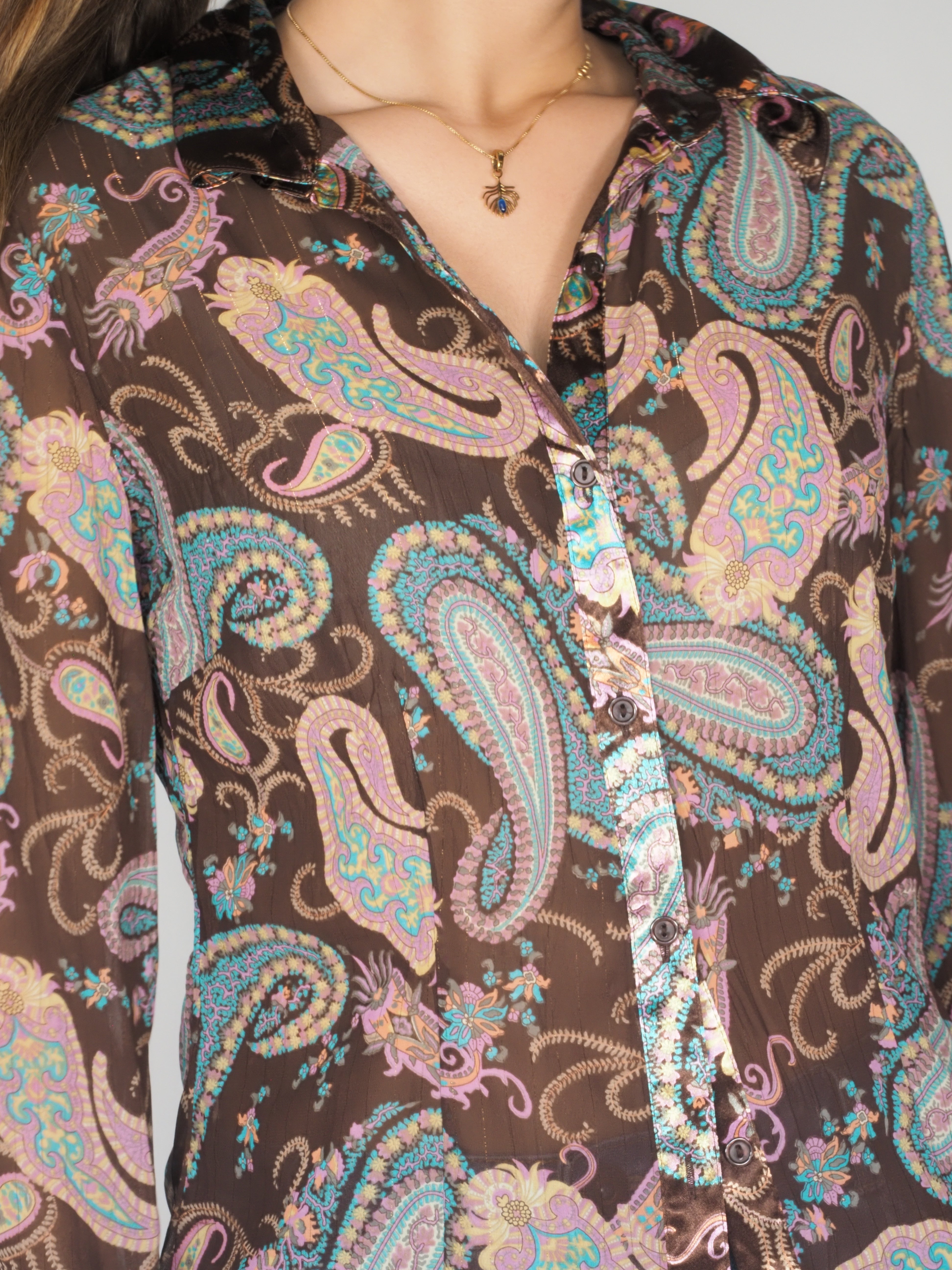 Chocolate Paisley Satin Button-Up Shirt – No Boundaries