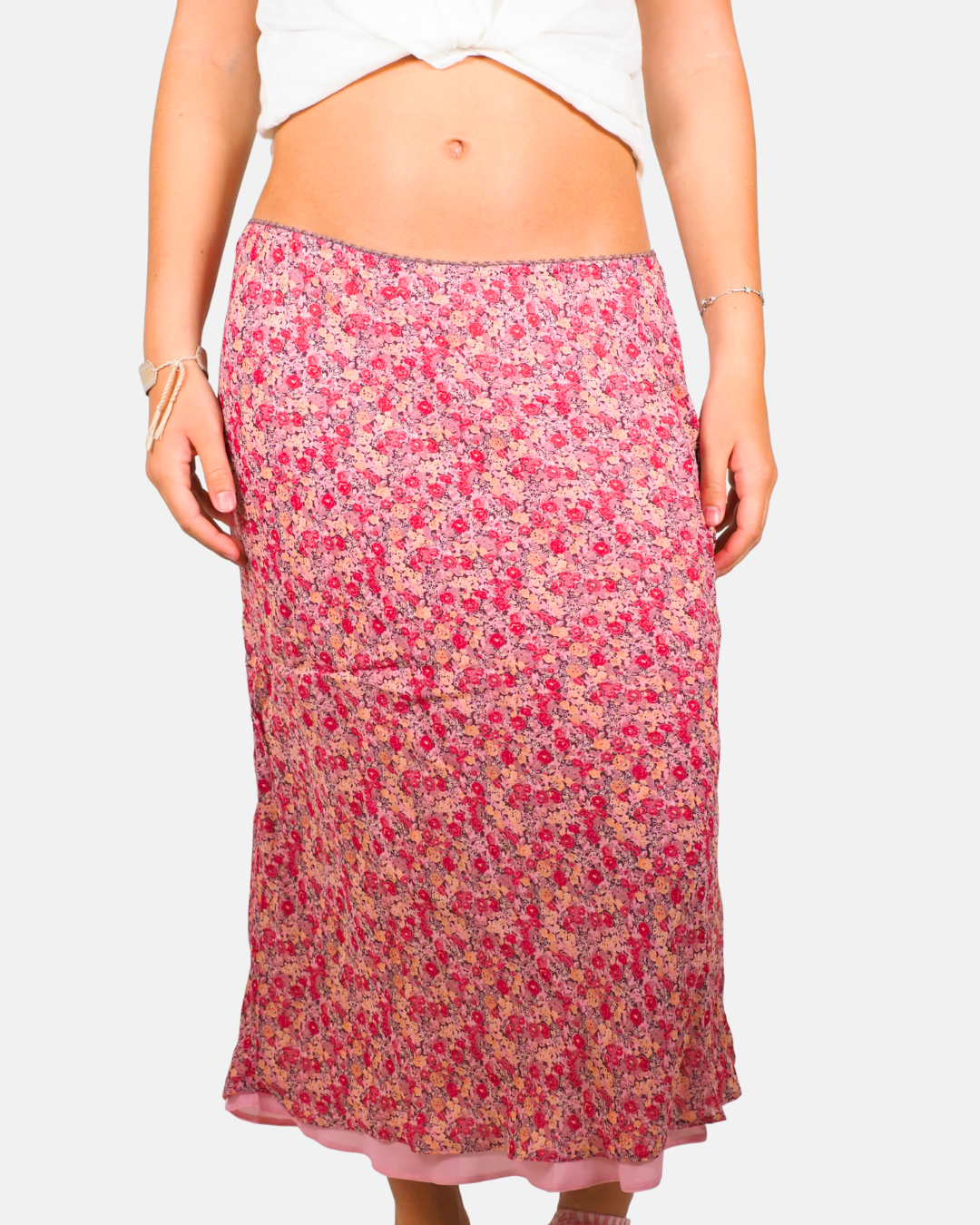 Pink Floral Chiffon Midi Skirt
