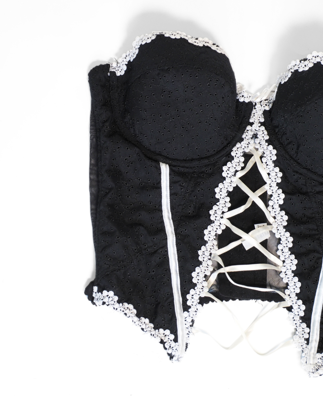 Black Lace-Up Corset Top with White Lace Trim