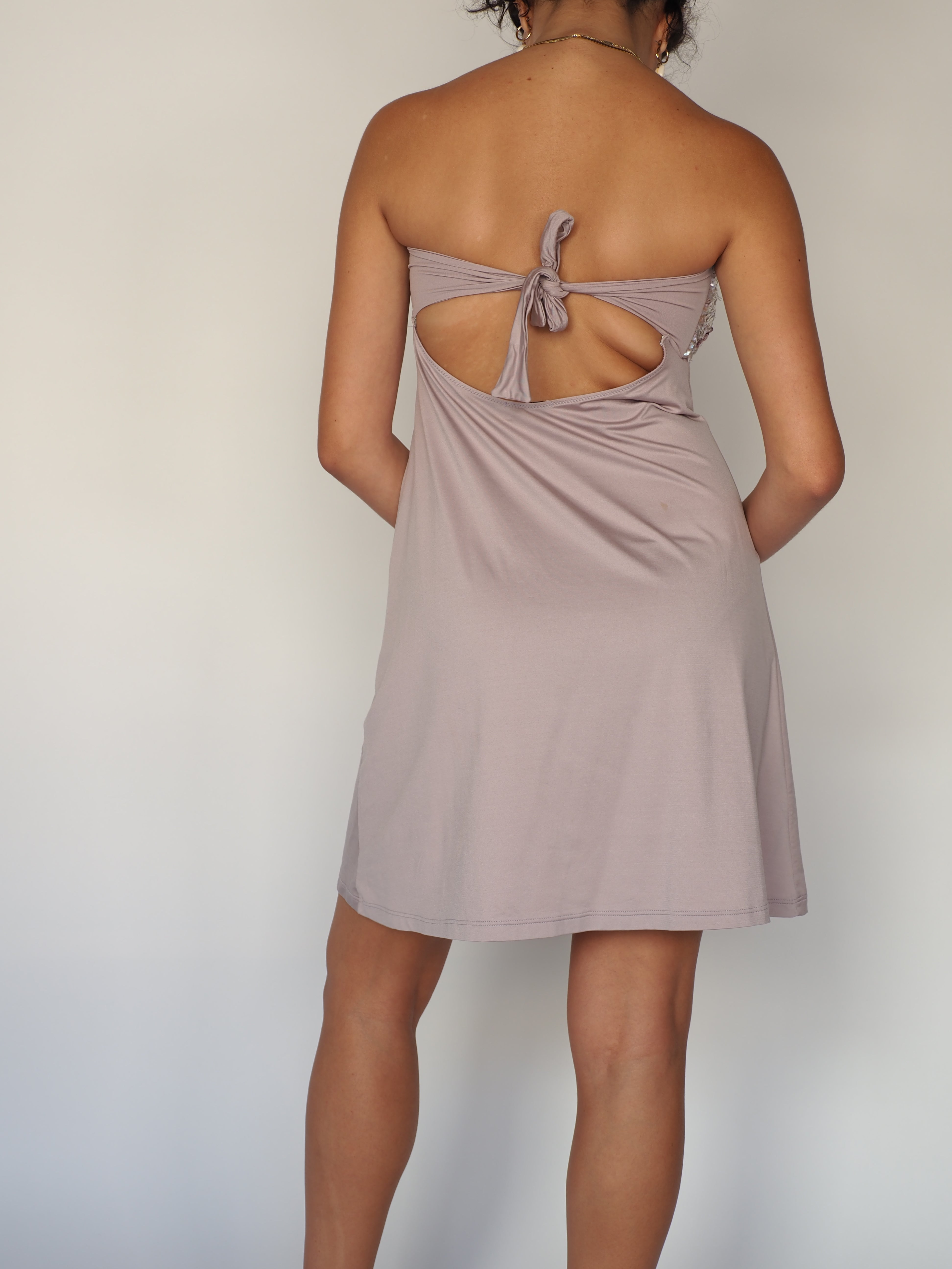 Dive D’Estate Strapless Sequin Bust Mini Dress in Blush Pink