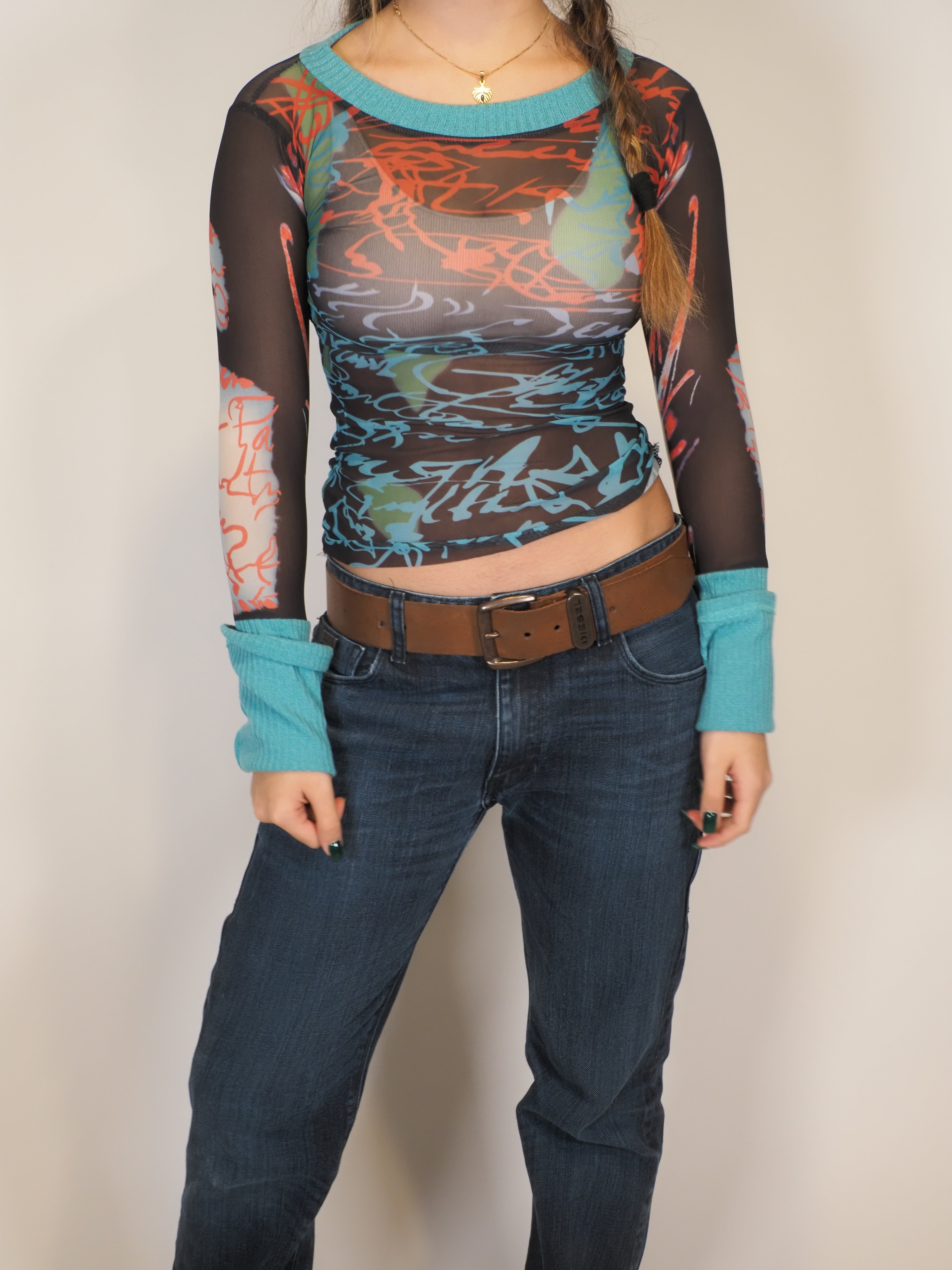 Y2K Abstract Mesh Long-Sleeve Top with Contrast Cuffs