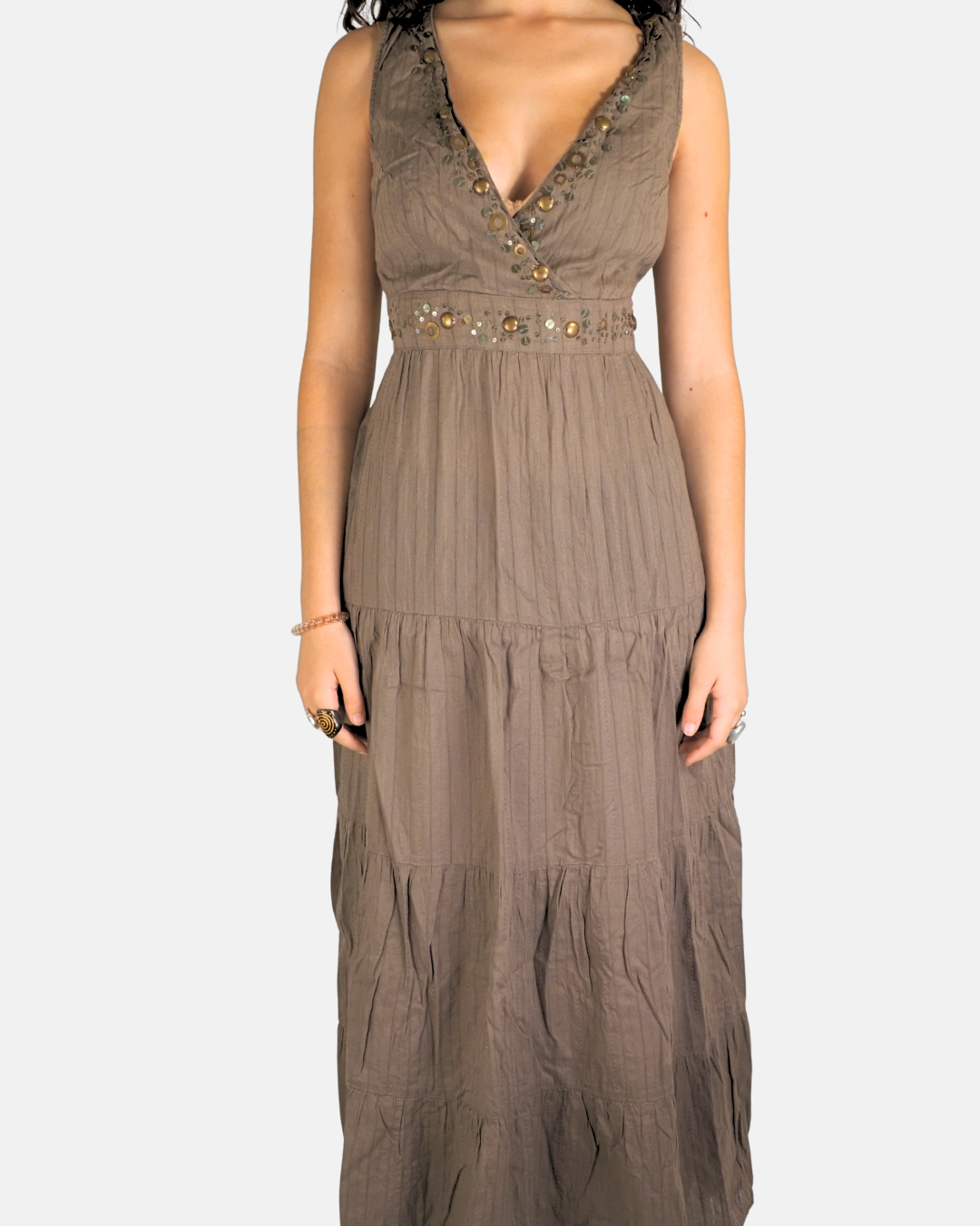 Brown Embellished Tiered Maxi Dress - Yessica