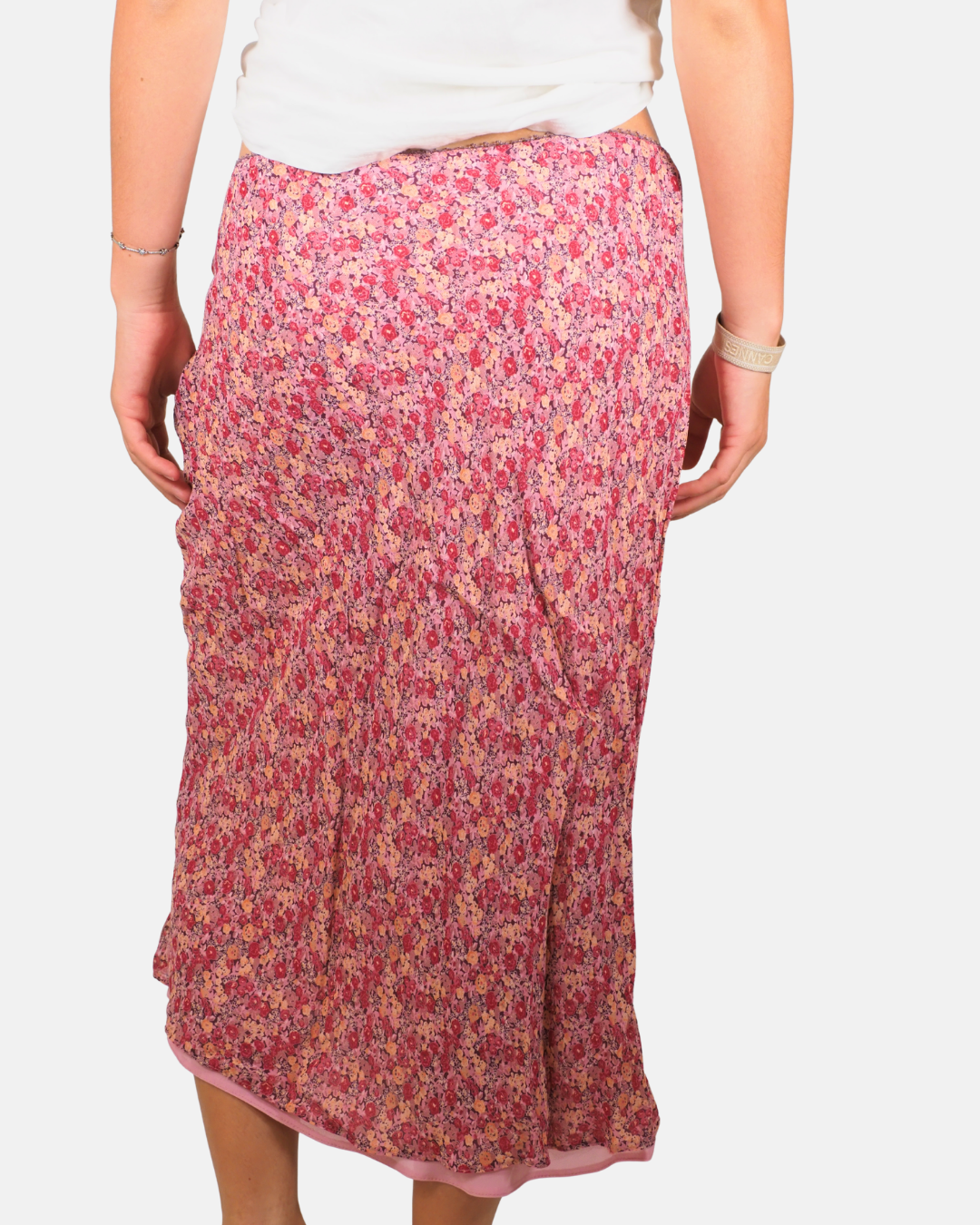 Pink Floral Chiffon Midi Skirt
