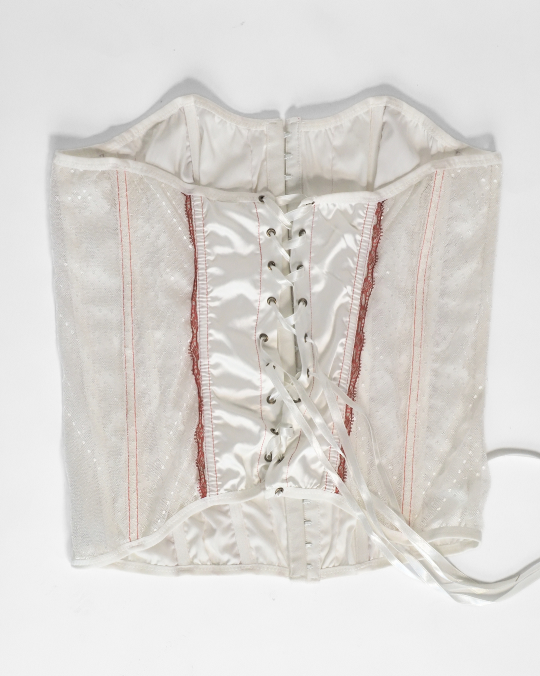 Ivory Satin Corset Top with Red Lace Panel Detailing
