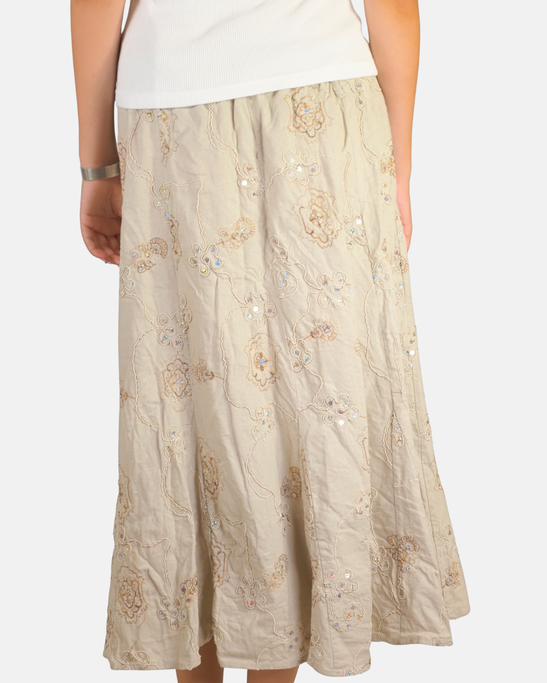 Y2K Beige Floral Embroidered Sequin Maxi Skirt