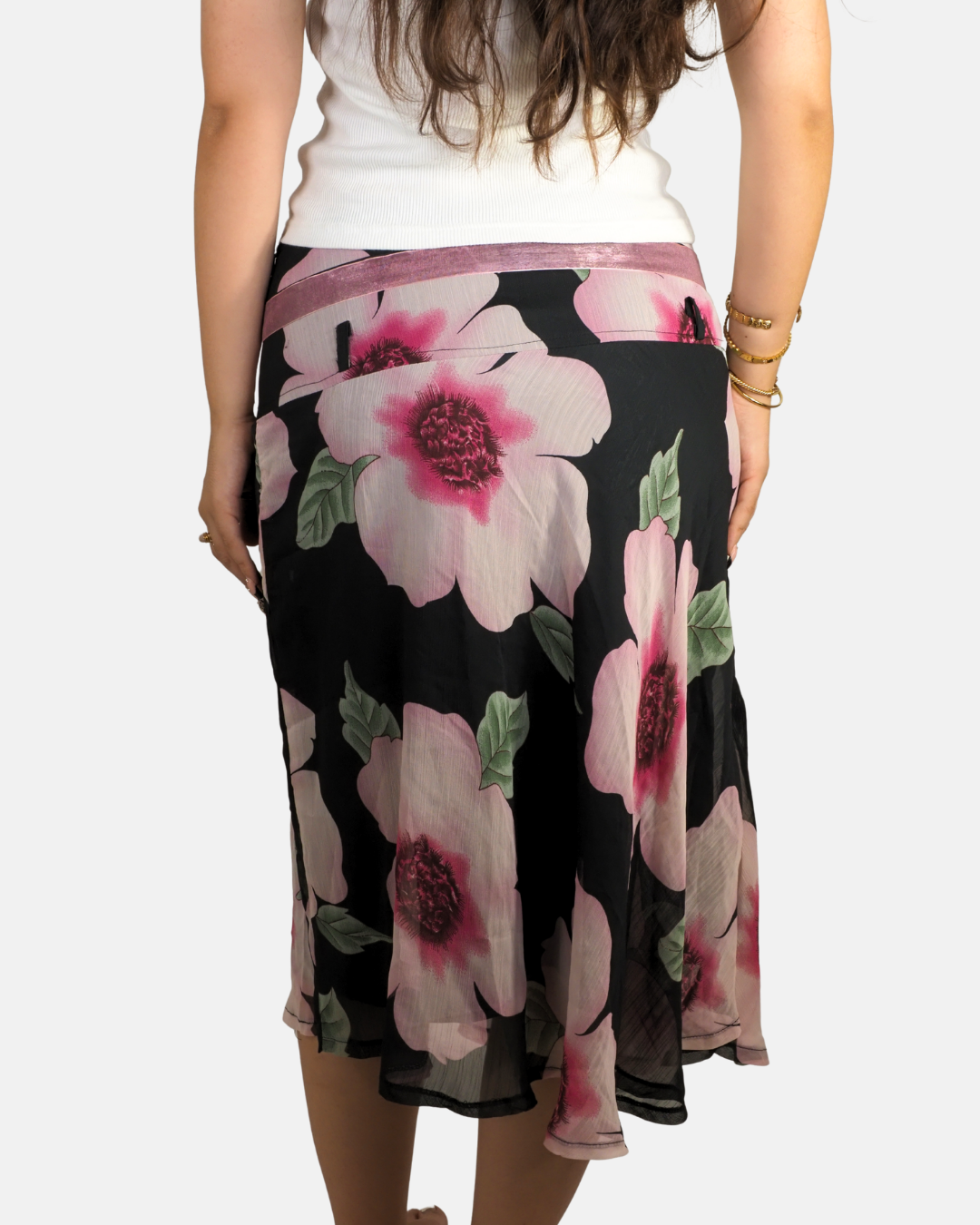 Y2K Black & Pink Floral Tie-Waist Midi Skirt