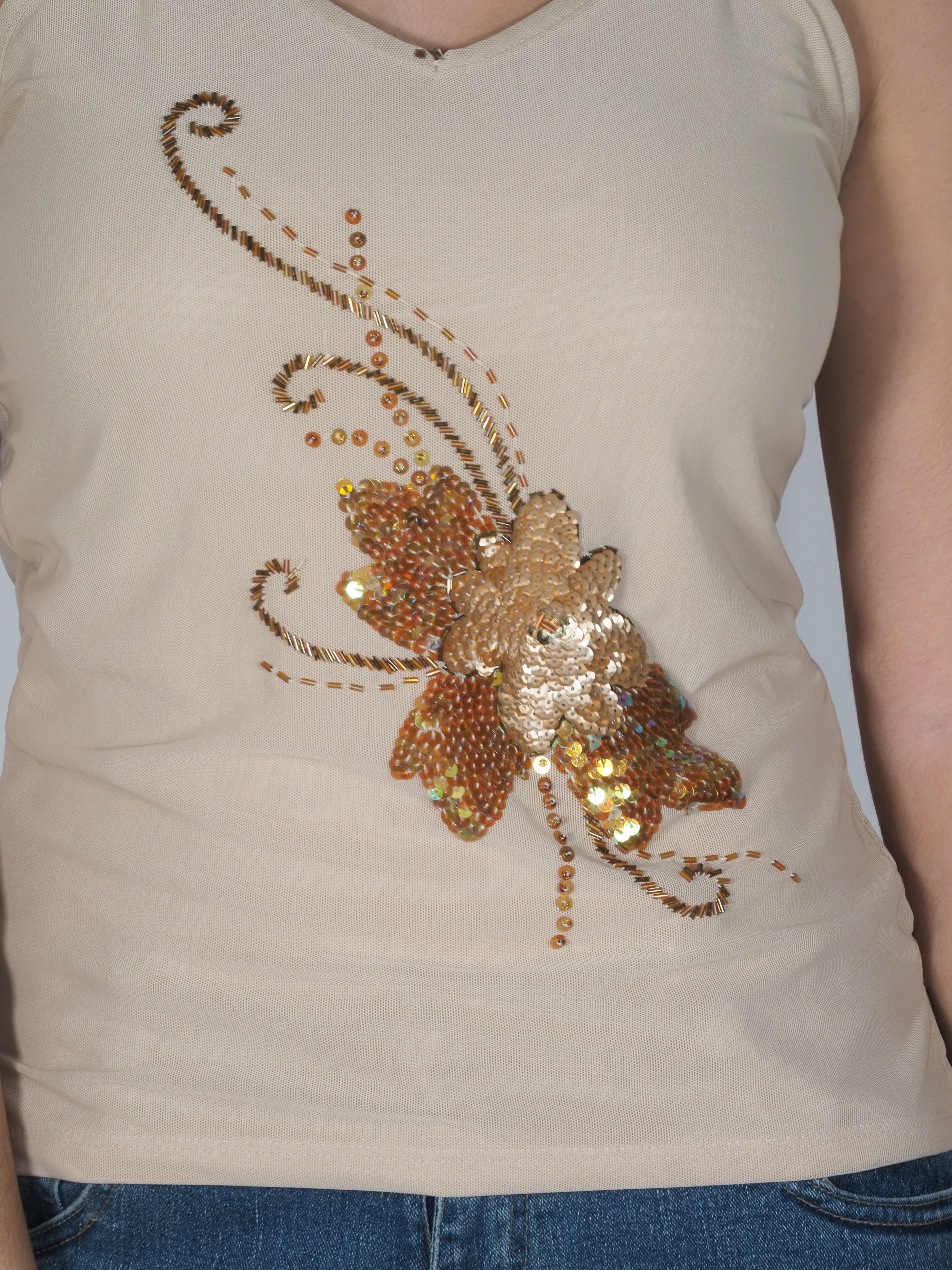 Beige Sequin Floral Tank Top