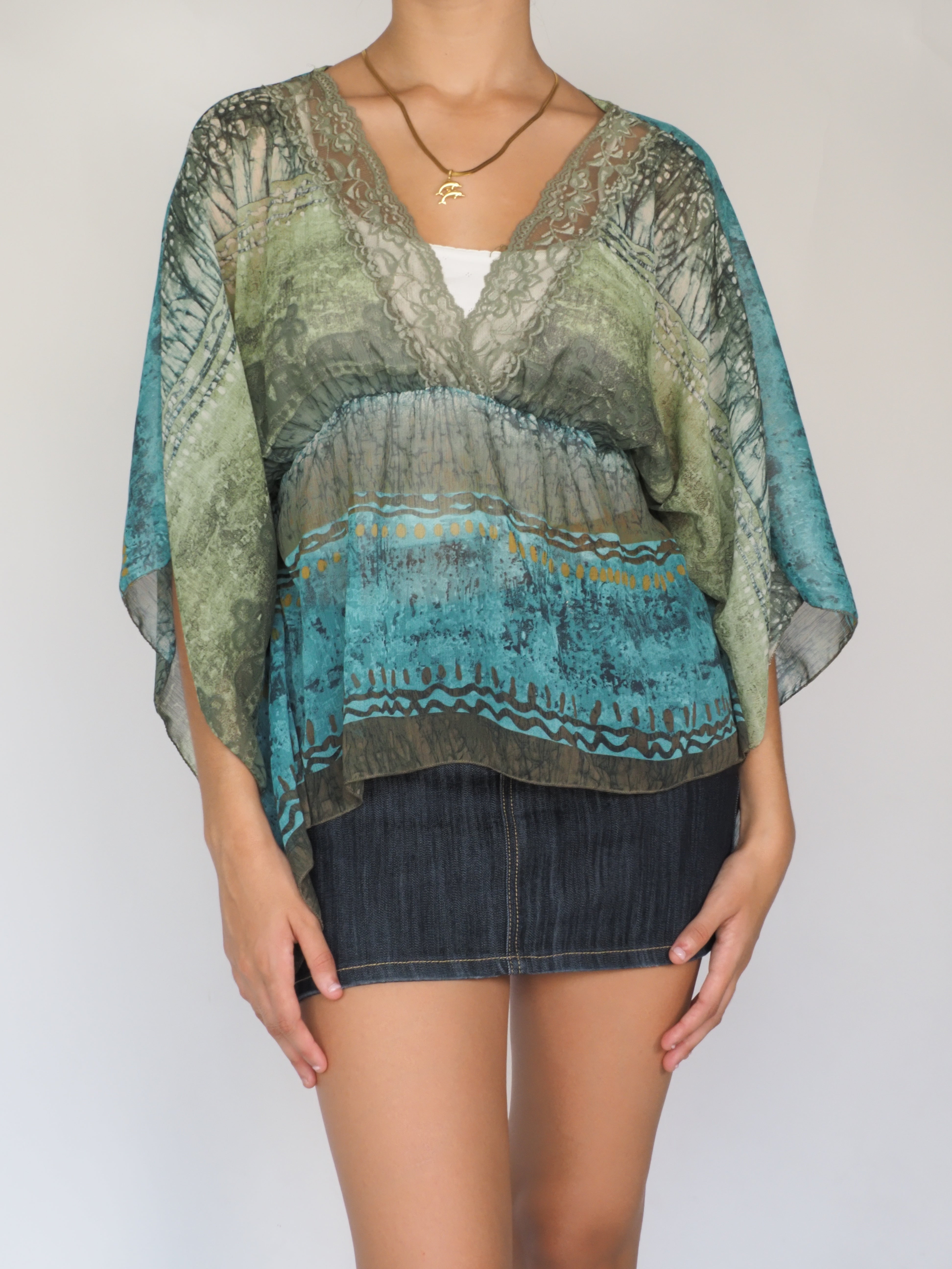 Sheer Boho Batwing Blouse in Teal & Forest Green