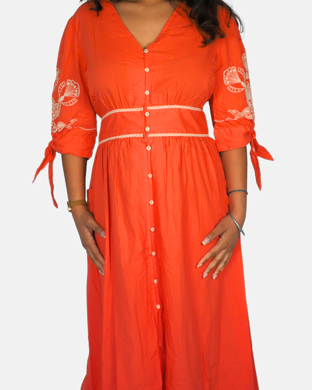 Monsoon Dress in Coral with White Embroidery Design