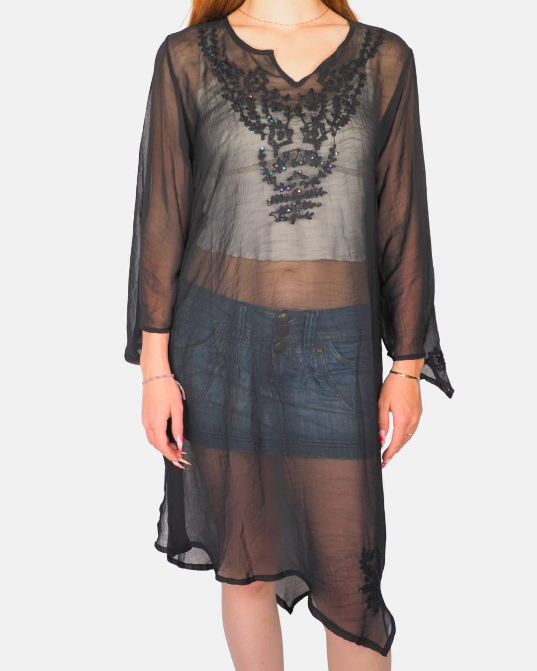Aqua Mare Black Sheer Embroidered Asymmetric Tunic Top