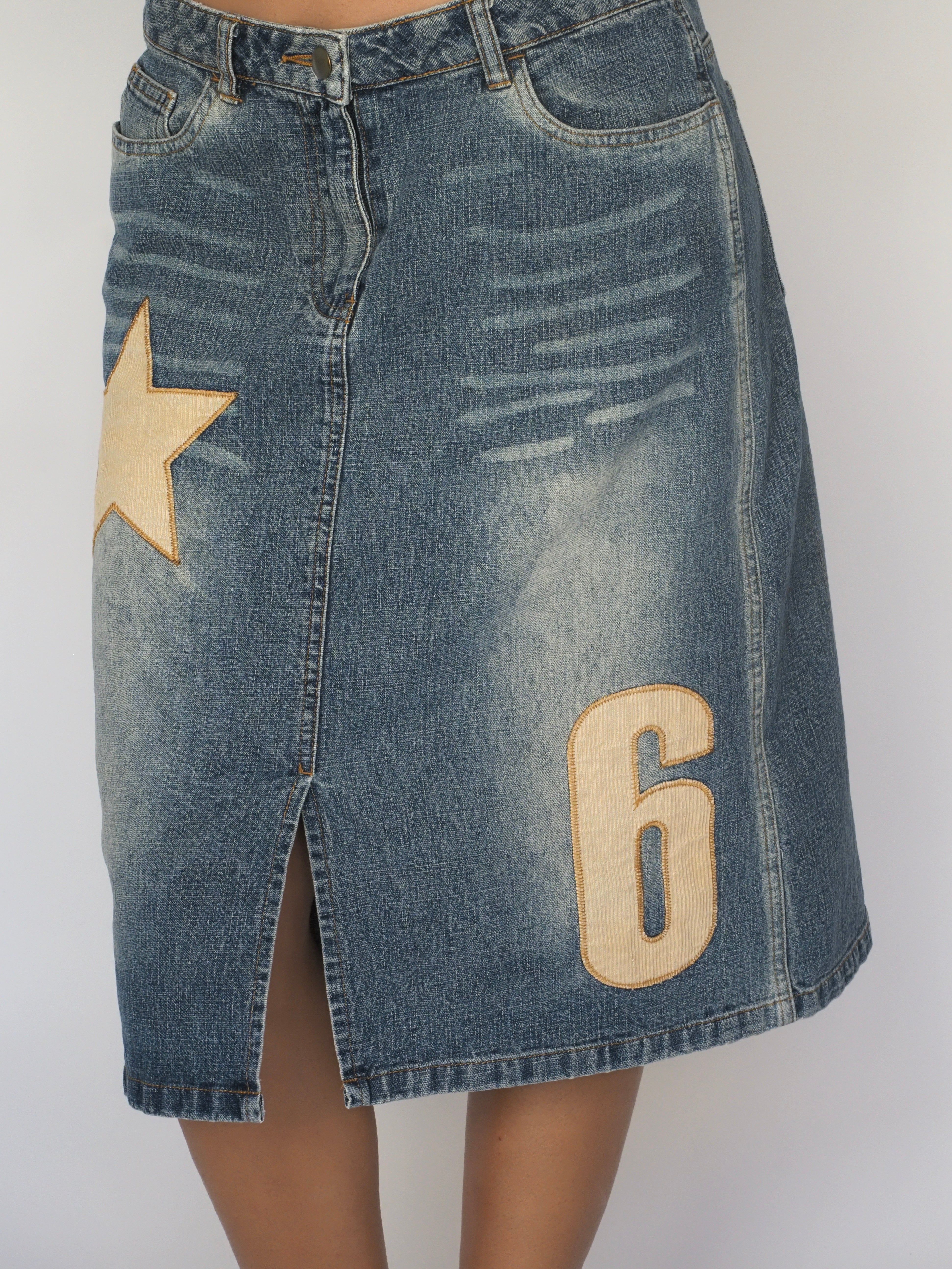Star & “6” Patch Washed Denim Midi Skirt – Y.O.U