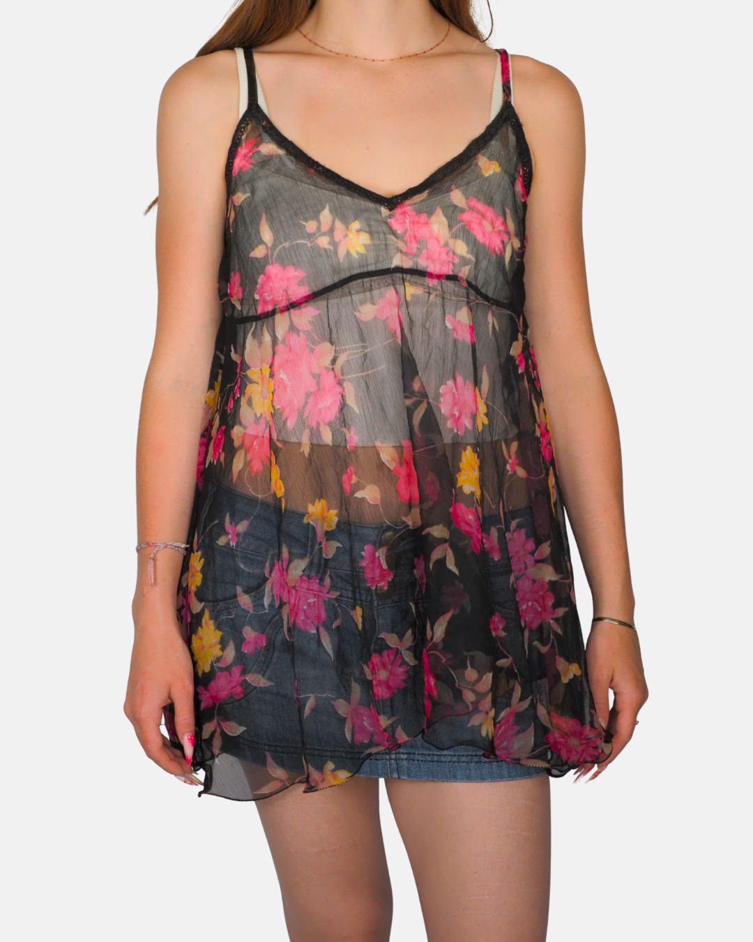 Black Sheer Floral Mesh Babydoll Cami Top