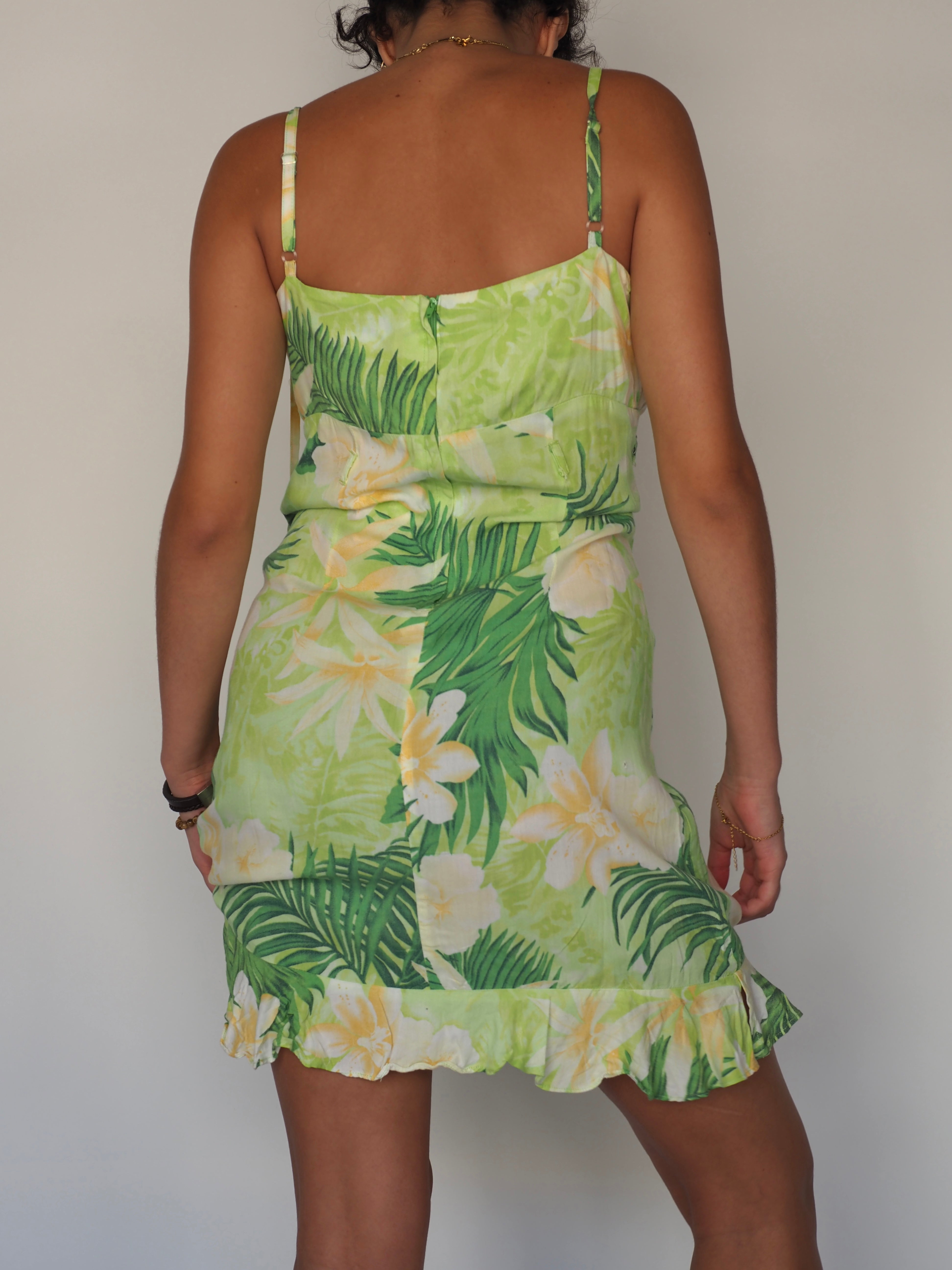 Y2K Aloha Hut Hawaiian Mini Dress – Lime Green Tropical Print