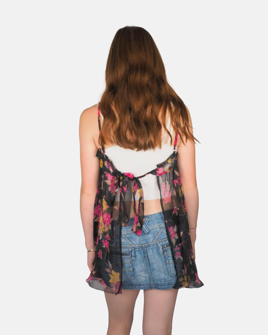 Black Sheer Floral Mesh Babydoll Cami Top
