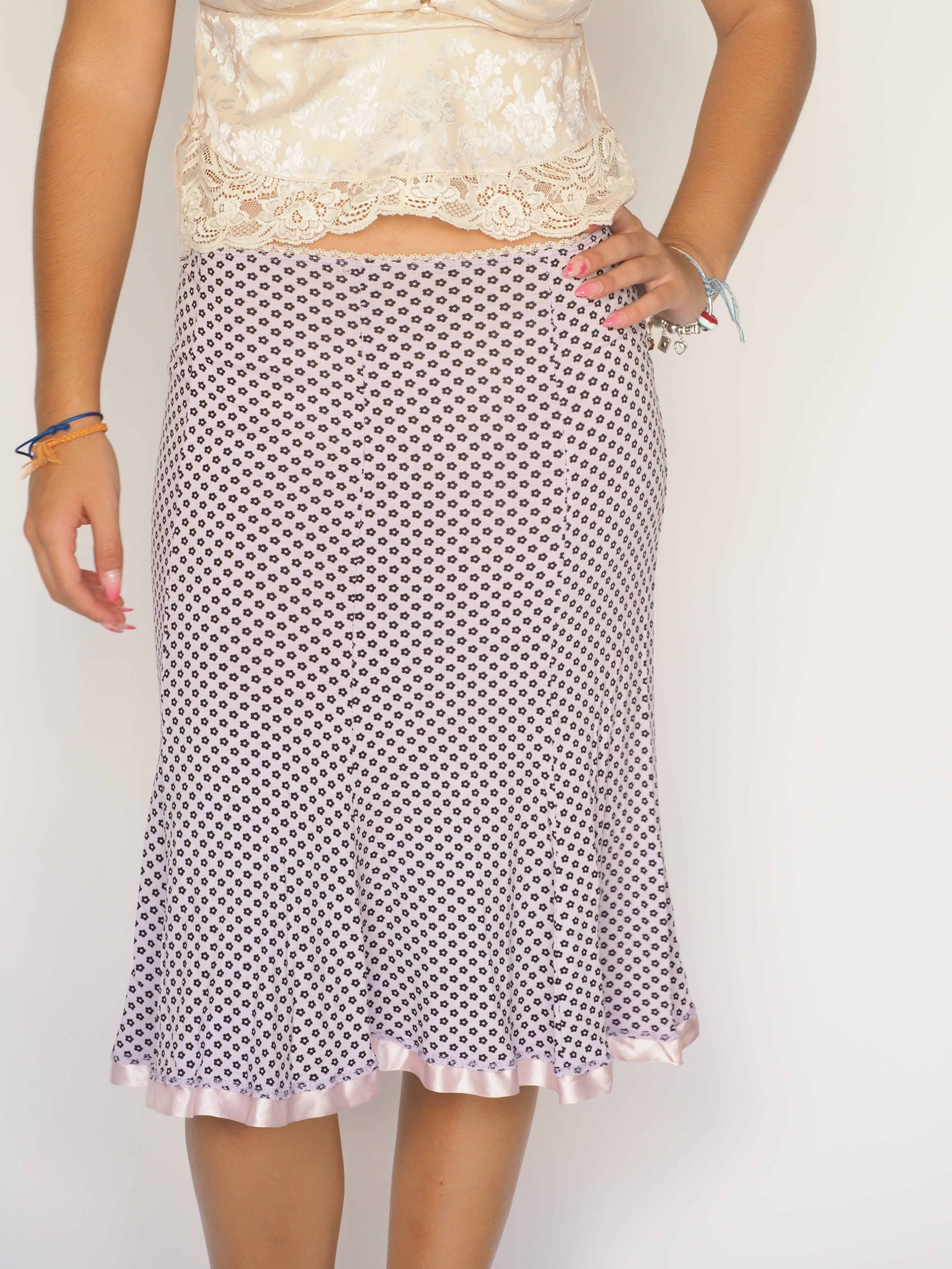 Vintage Pink Polka Dot Midi Skirt with Satin Ruffle Hem – Specchio