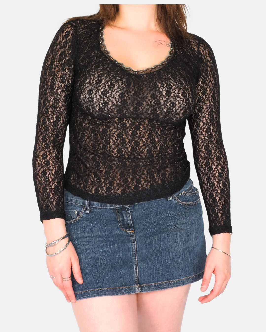 Black Lace Sheer Long Sleeve Fitted Top