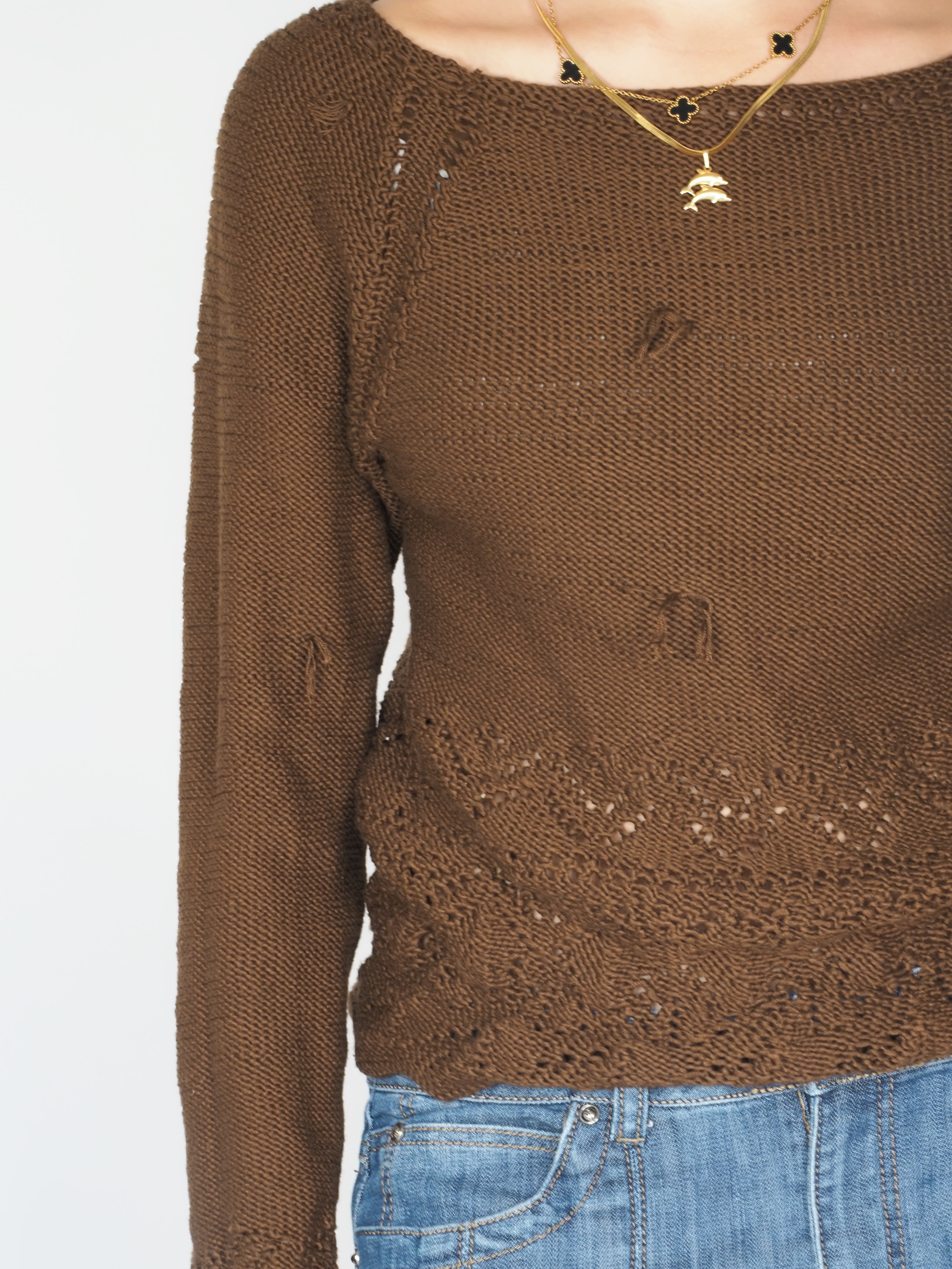 Chocolate Brown Distressed Knit Sweater