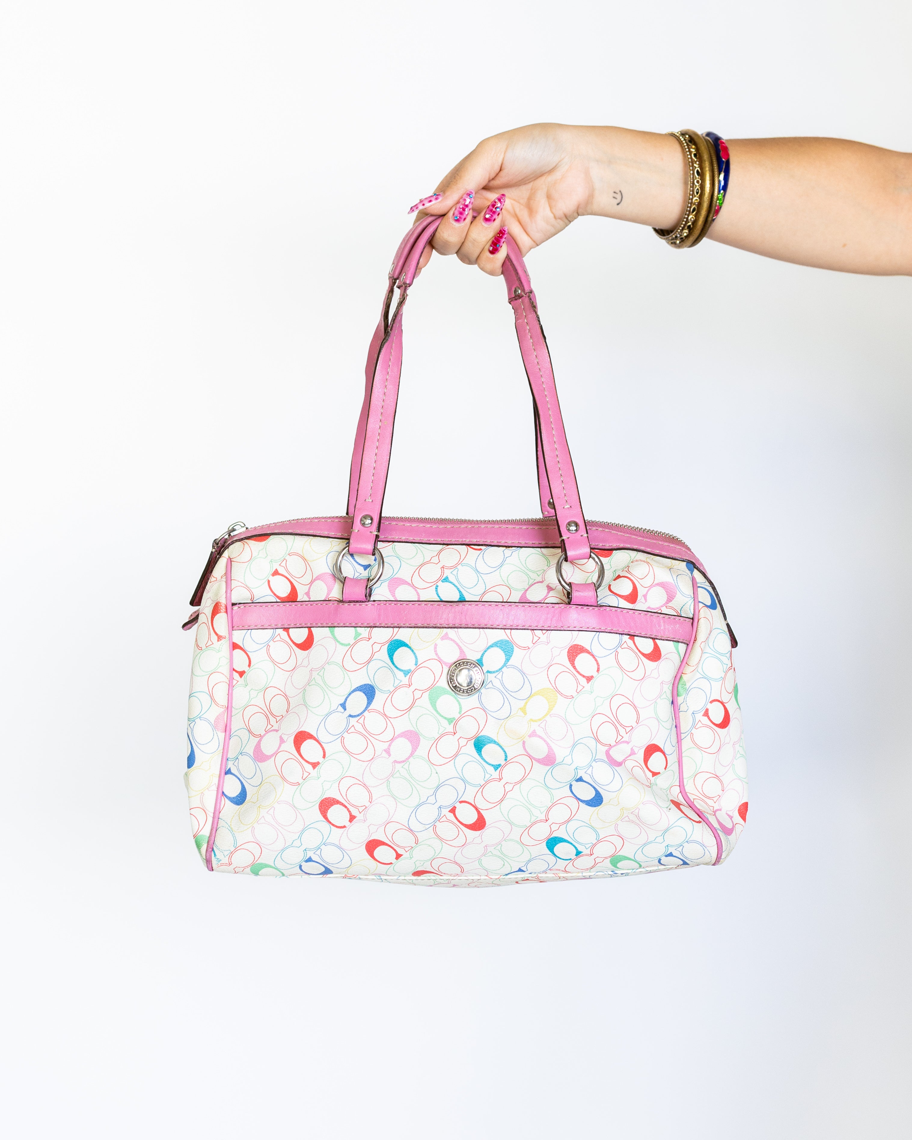 Rainbow Monogram & Bubblegum Pink Coach Barrel Bag