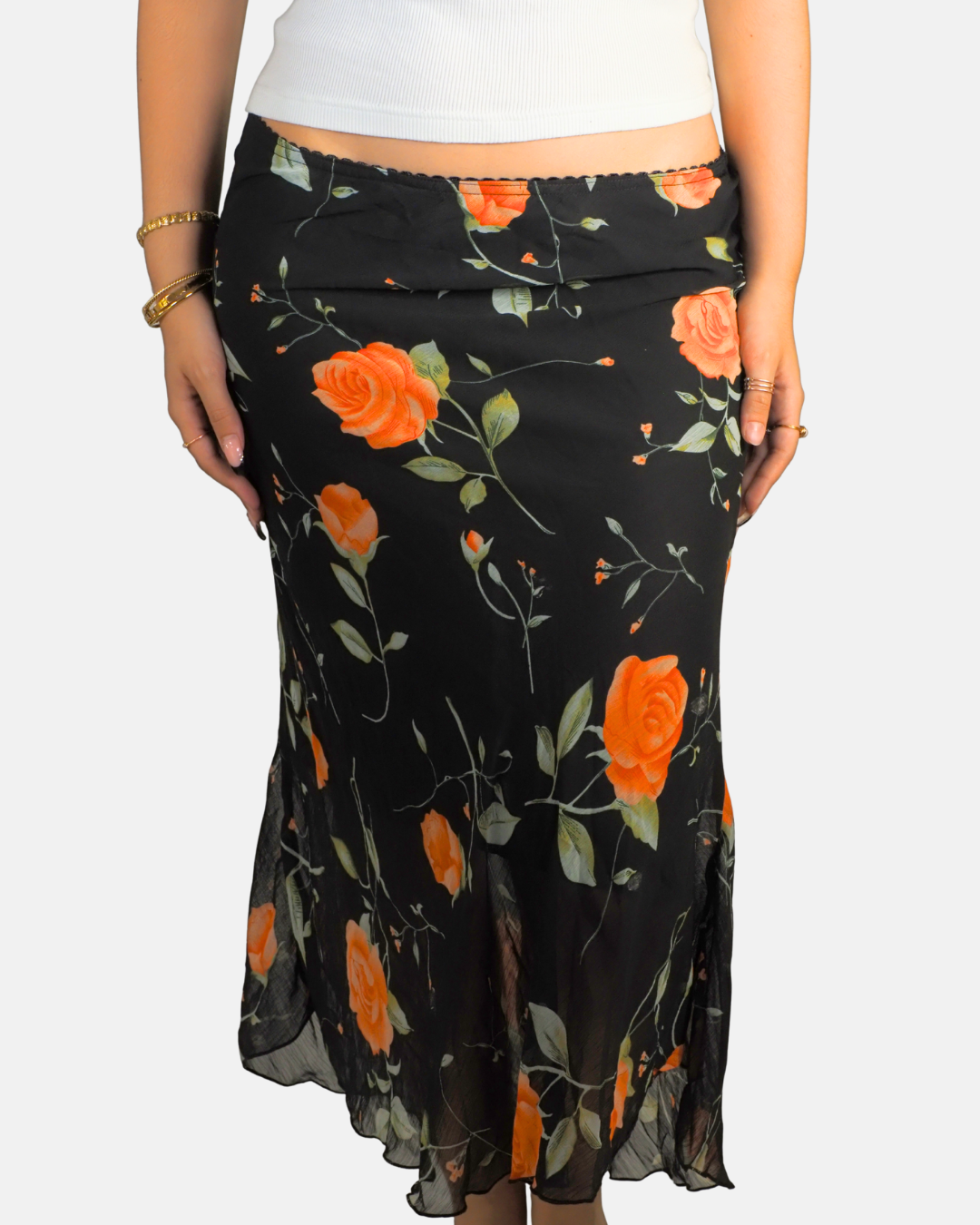 Black Rose Print Low-Rise Maxi Skirt - Brillante