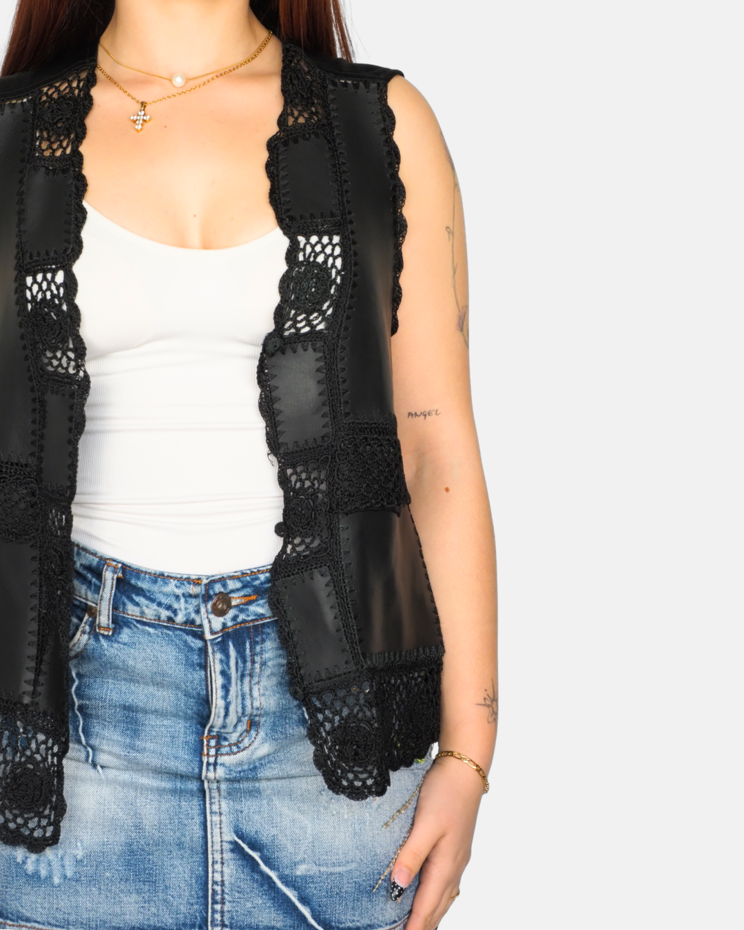 Yen Black Patchwork Crochet & Faux Leather Vest