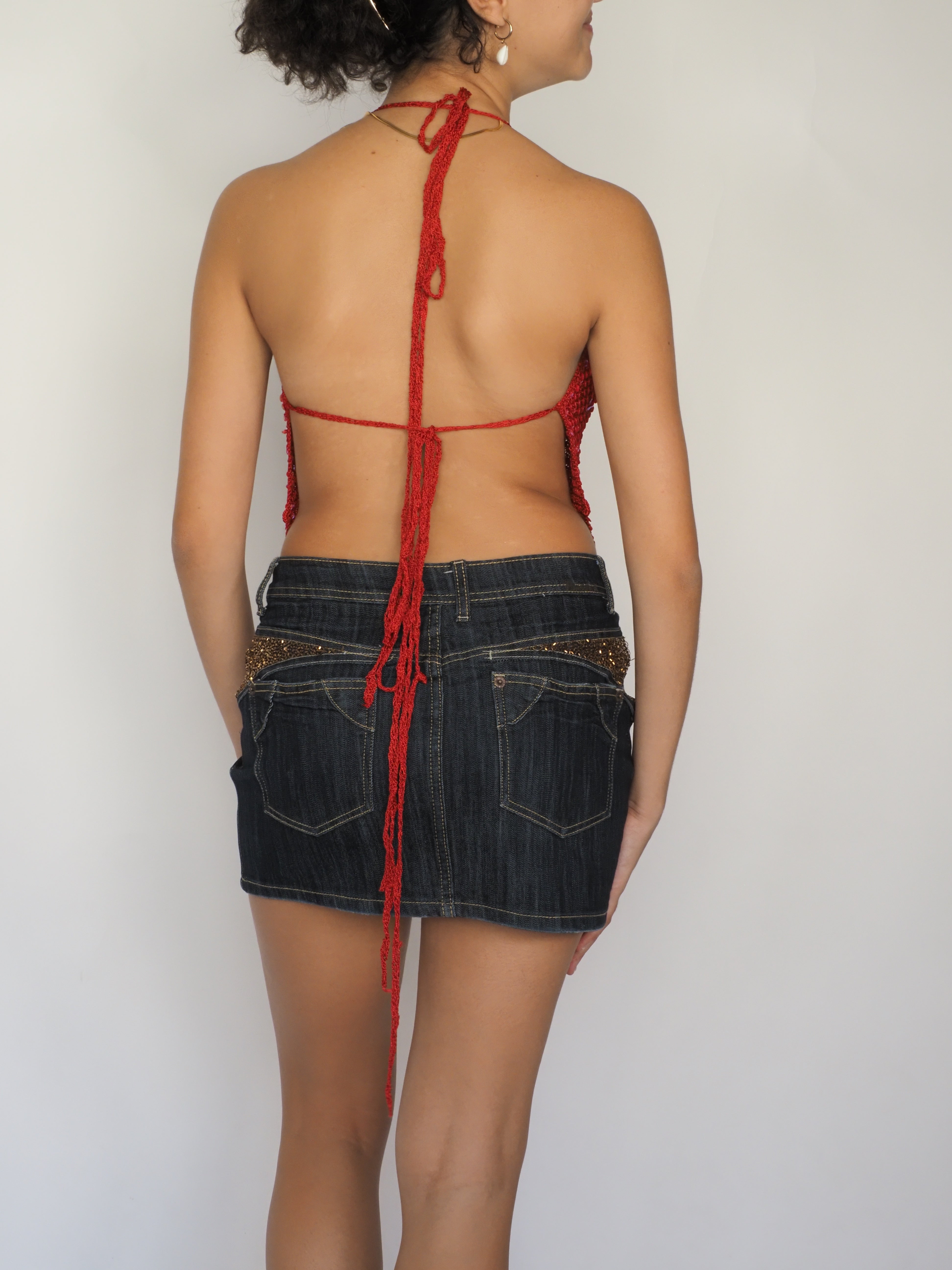 Red Sequin Crochet Halter Top