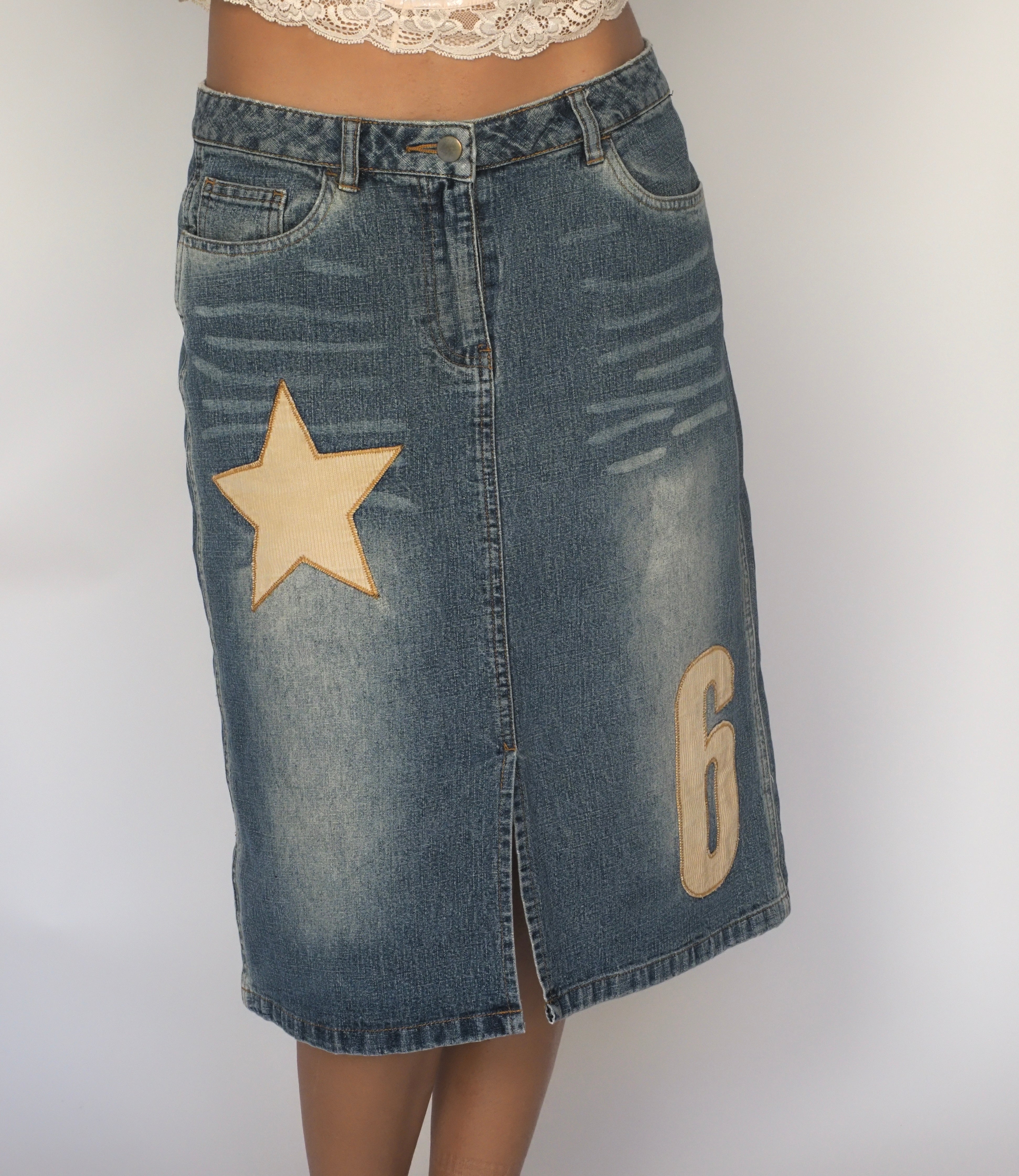 Star & “6” Patch Washed Denim Midi Skirt – Y.O.U