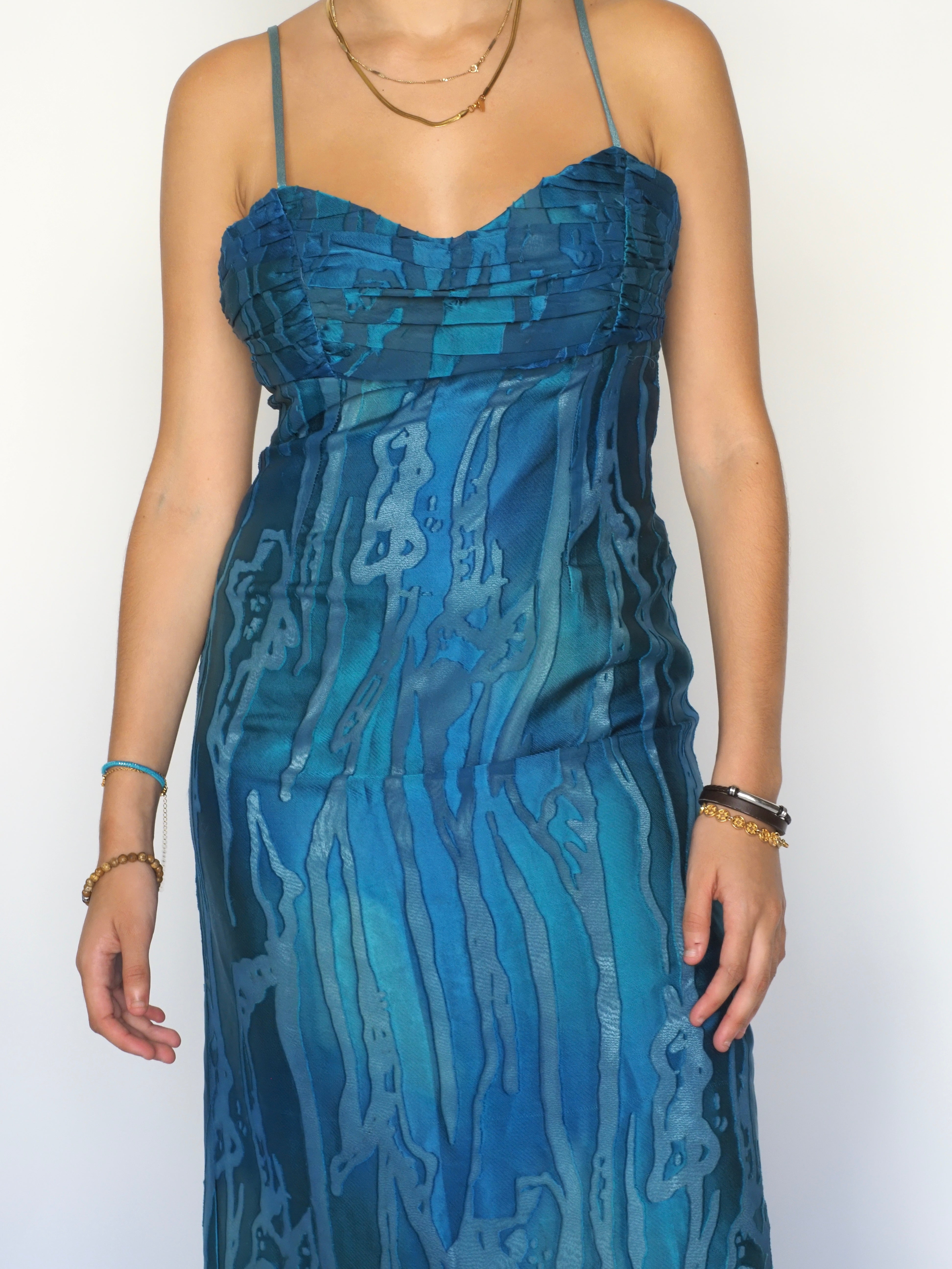 Ocean Blue Abstract Satin Maxi Dress