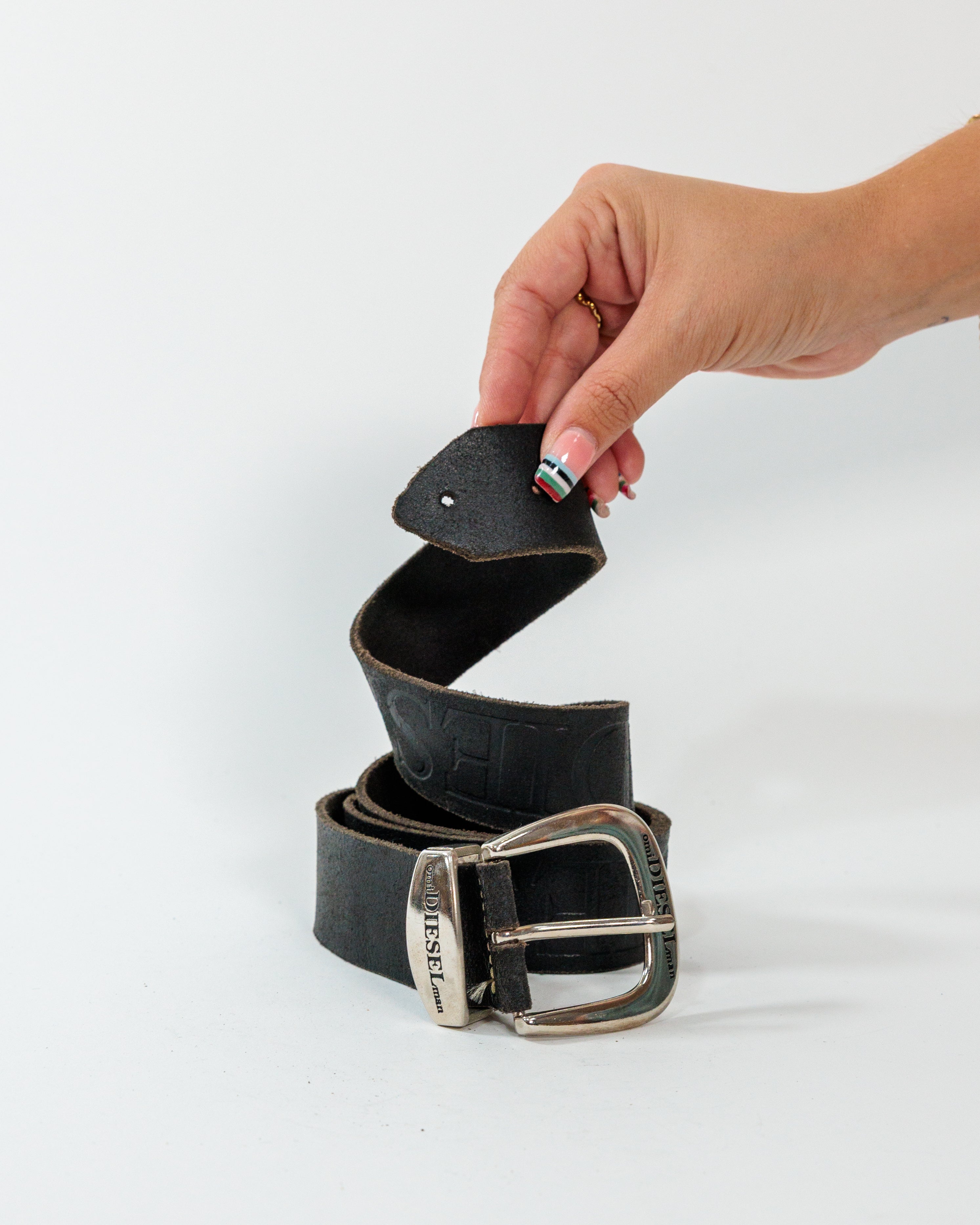 Black Embossed Logo Leather Belt - Diesel