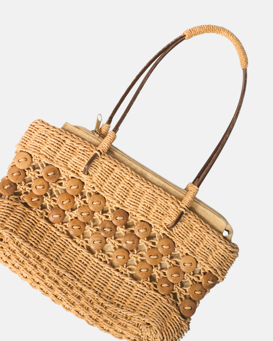 Woven Raffia & Wooden Bead Shoulder Bag