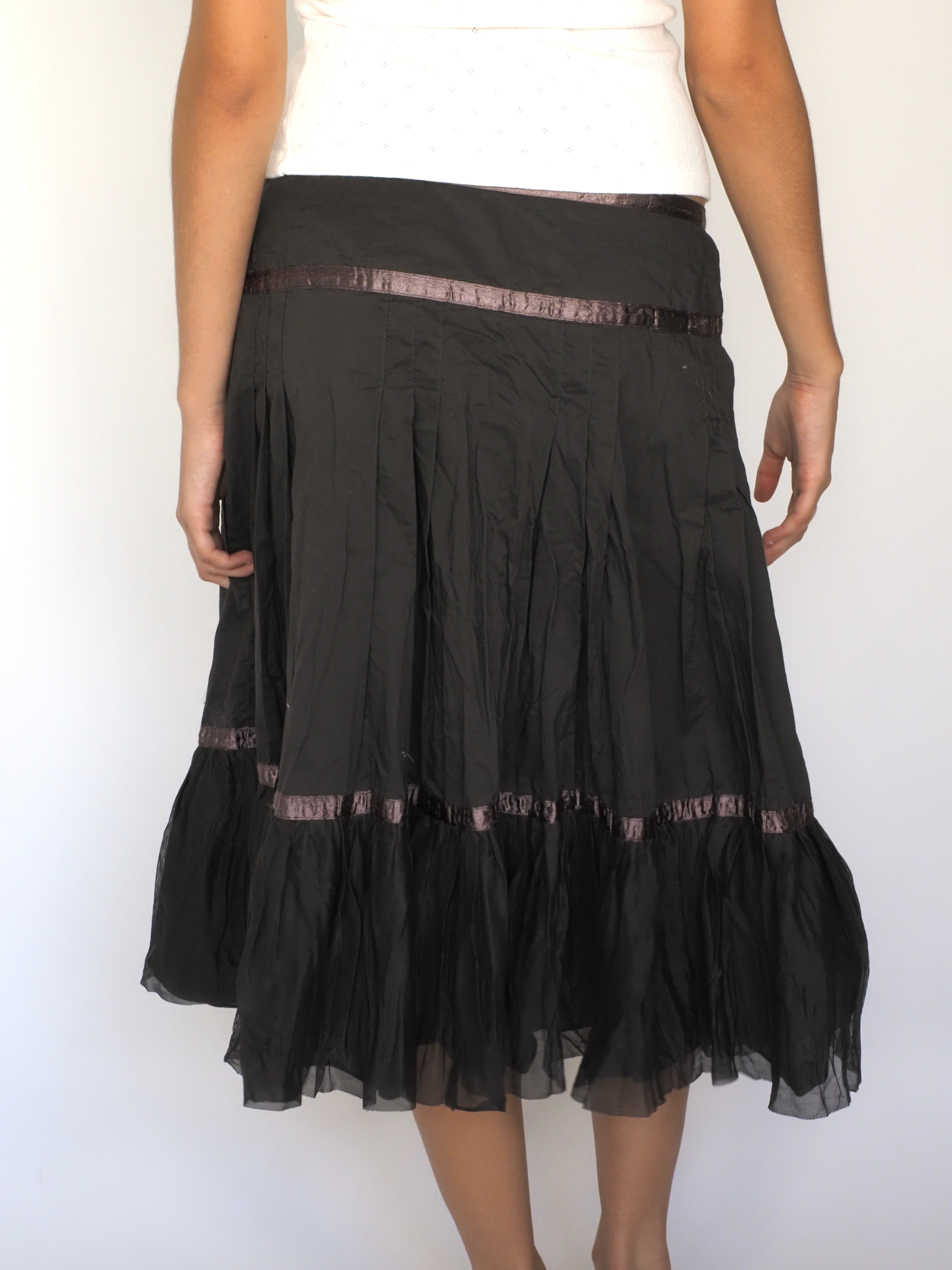 Black Ruffled Midi Skirt with Sheer Hem & Satin Ribbon Trim