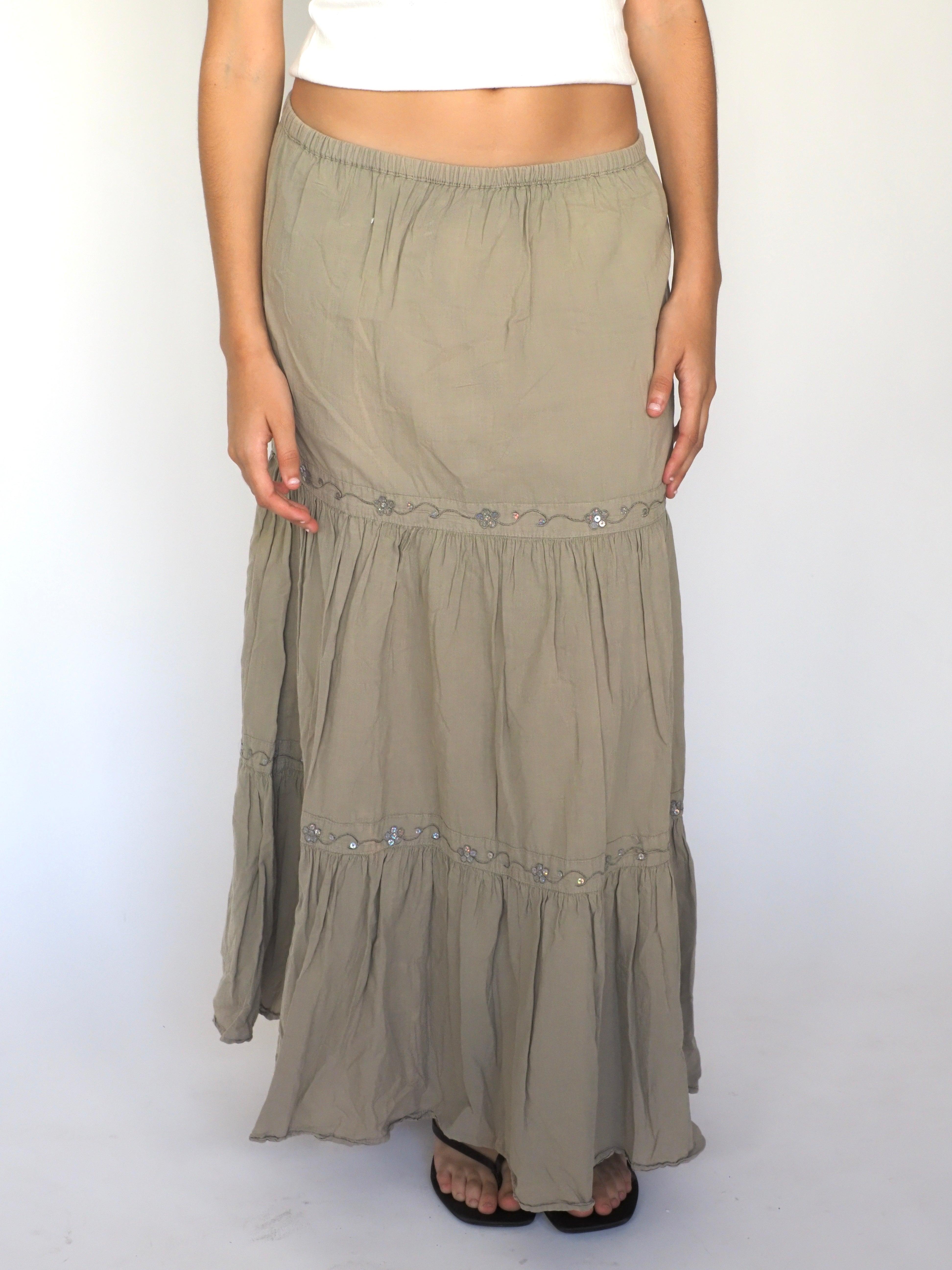 Khaki Embroidered Boho Maxi Skirt – You & Me Both