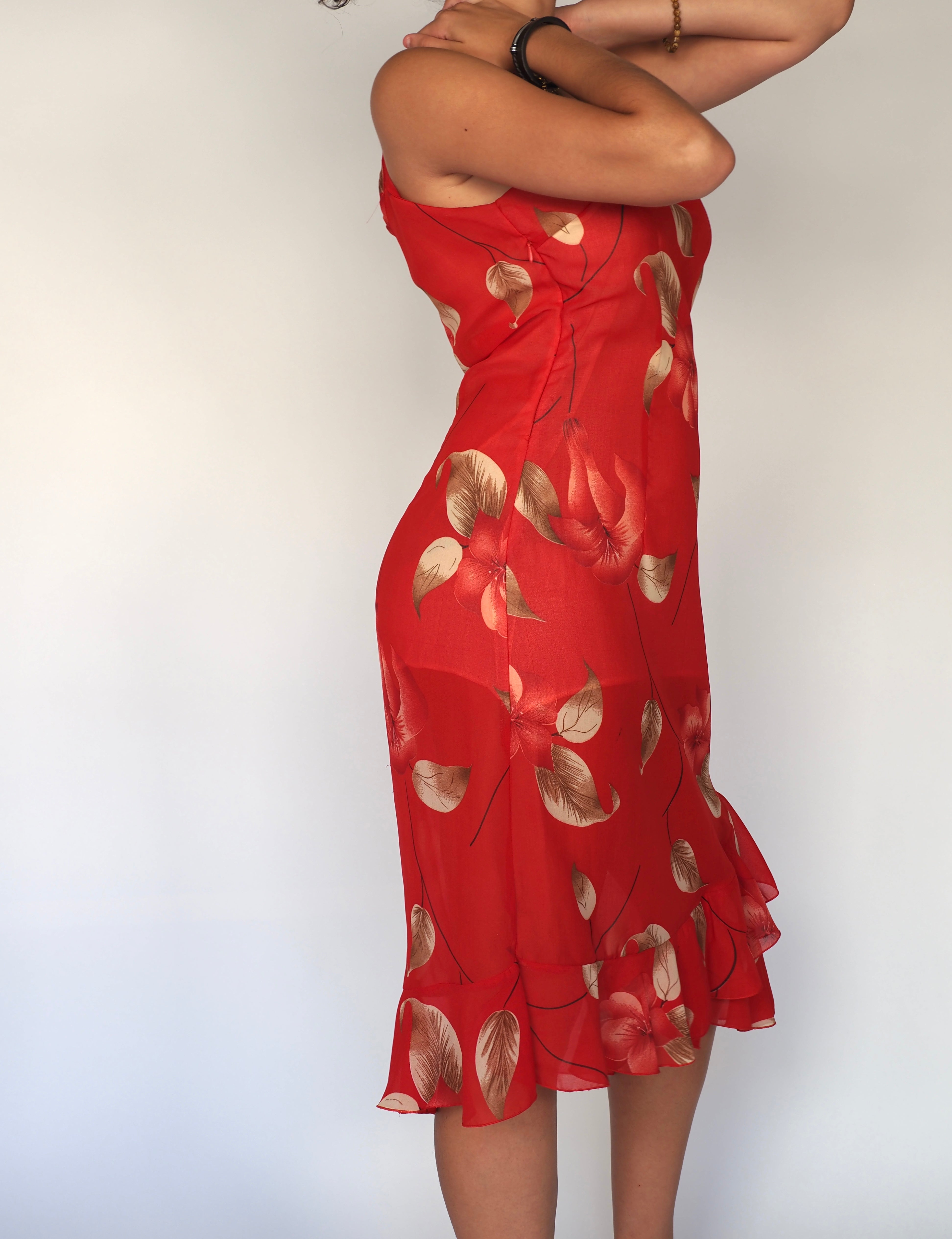 Zhenzhong Red Sheer Floral Midi Dress with Ruffle Hem