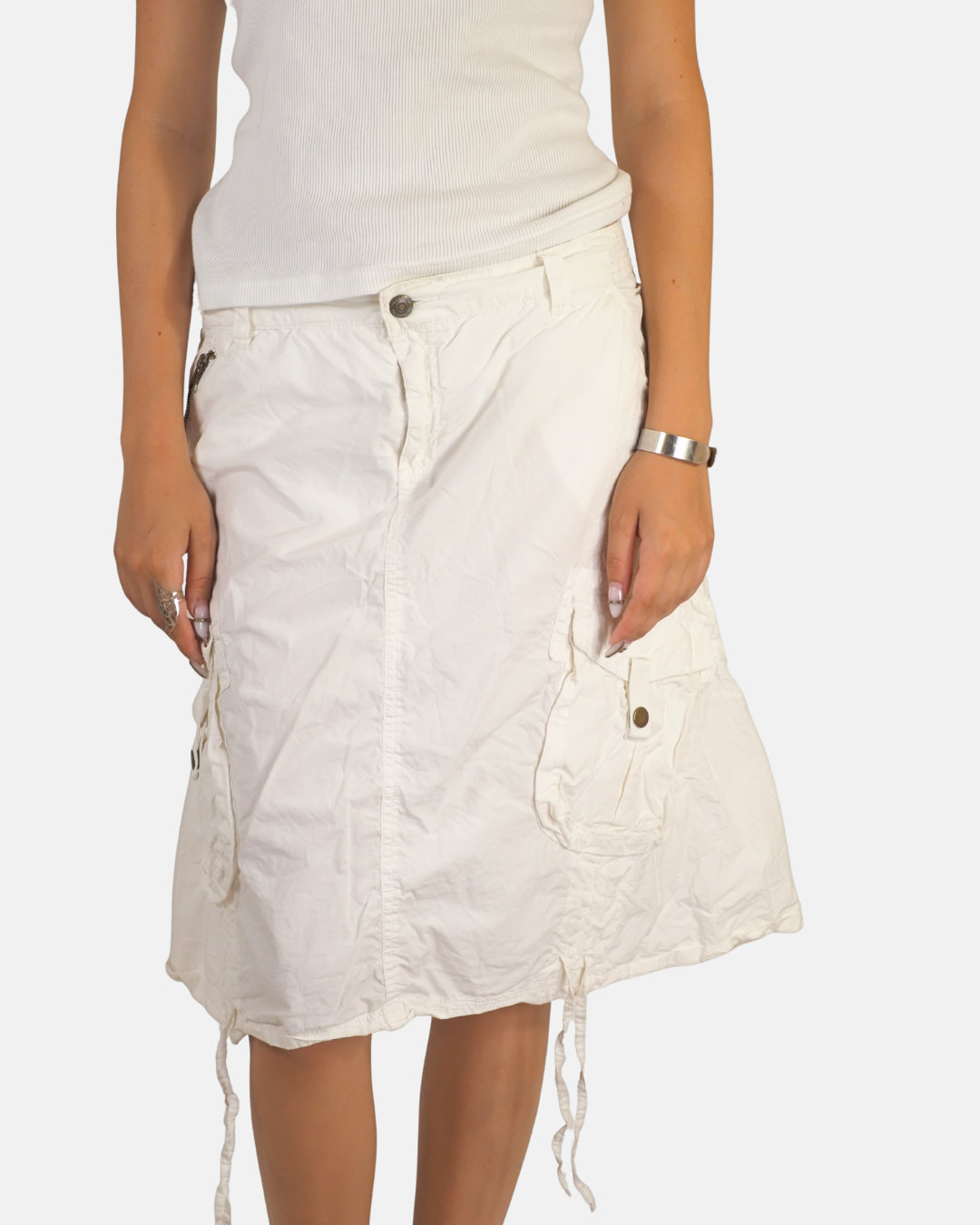 Y2K White Low-Rise Cargo Midi Skirt - Terranova