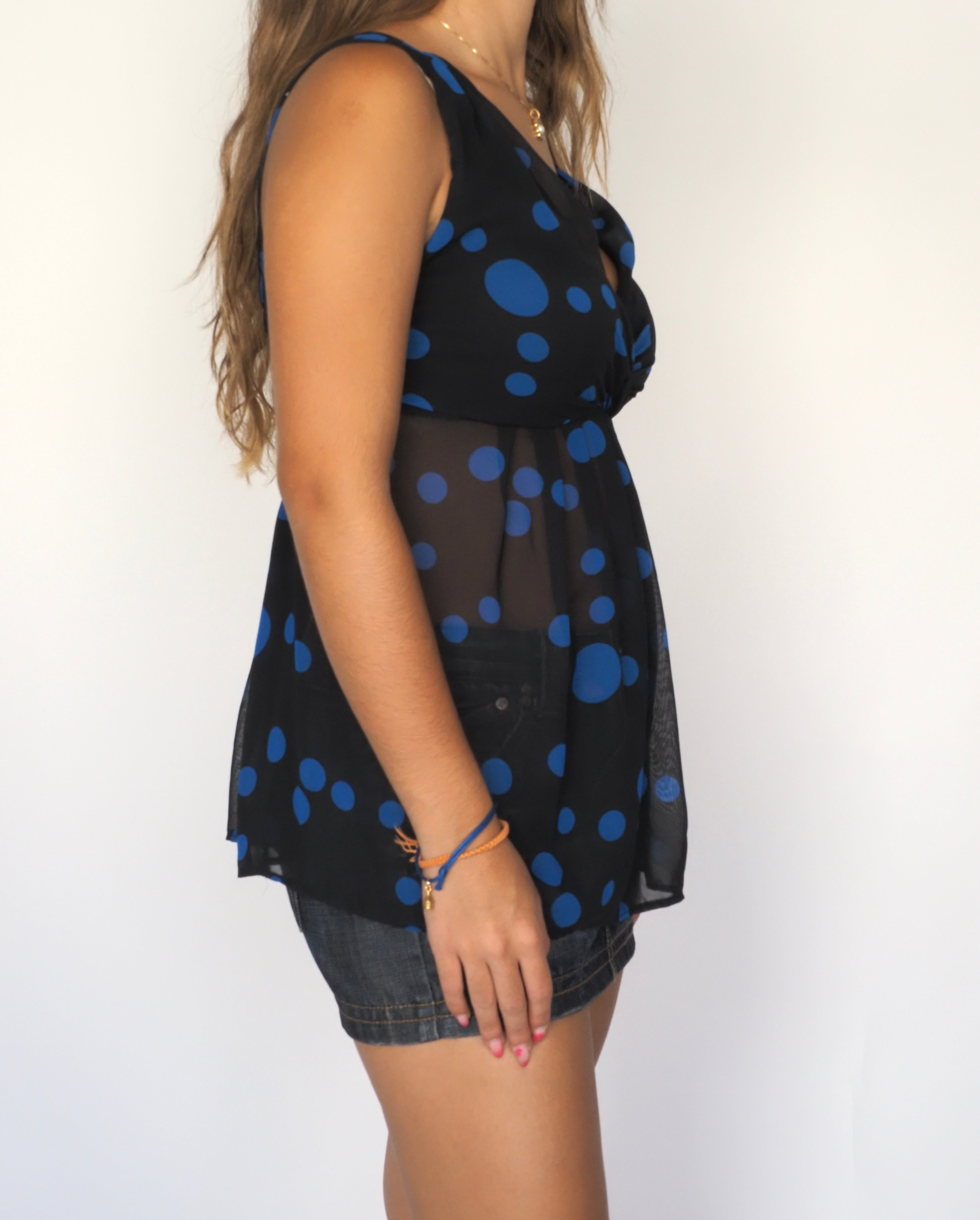 Giorgia & John’s Black Sheer Blue Polka Dot Babydoll Top