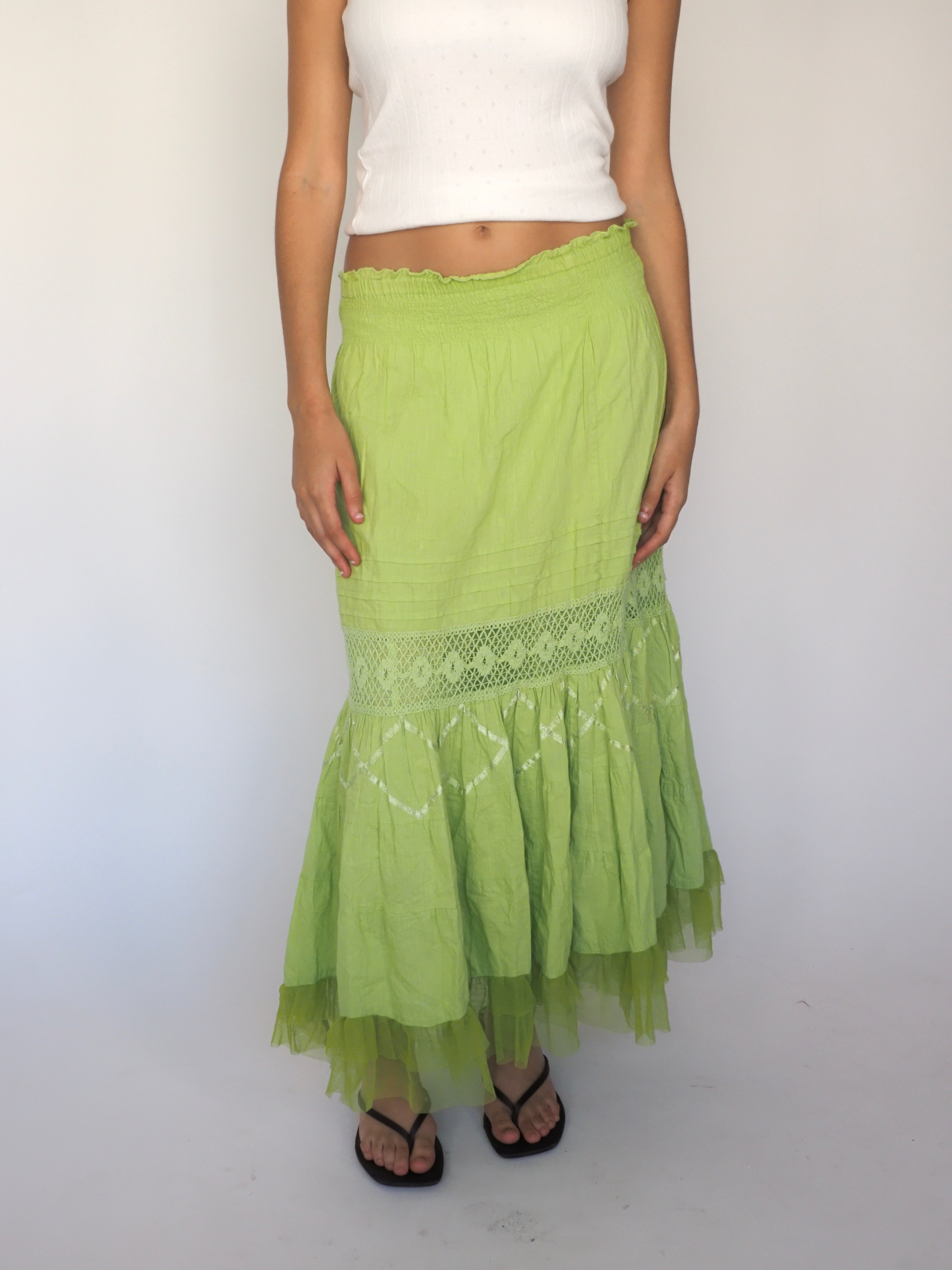 Lime Green Boho Maxi Skirt with Lace & Tulle Tri