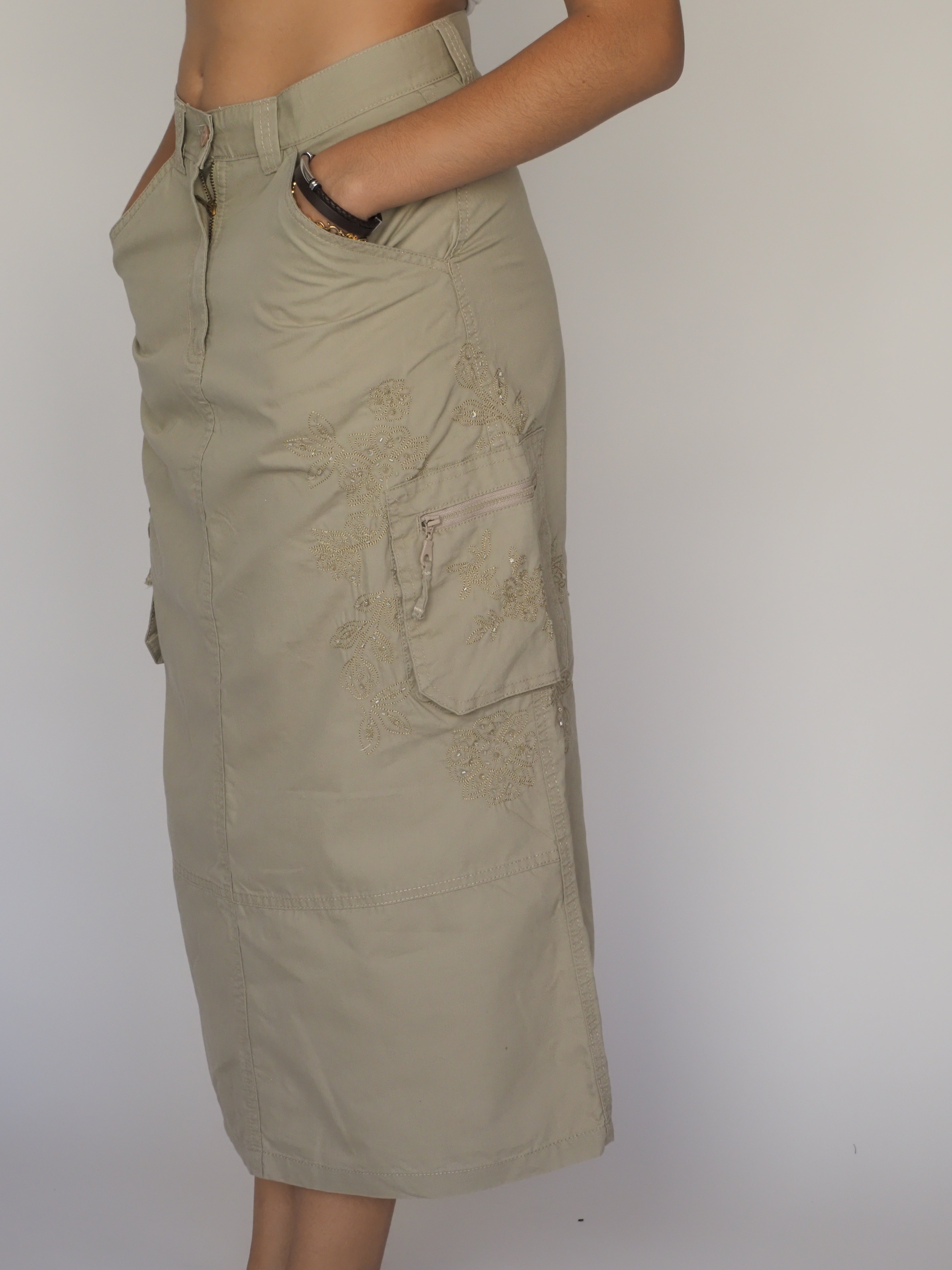 Khaki Cargo Maxi Skirt with Floral Embroidery – Here and There