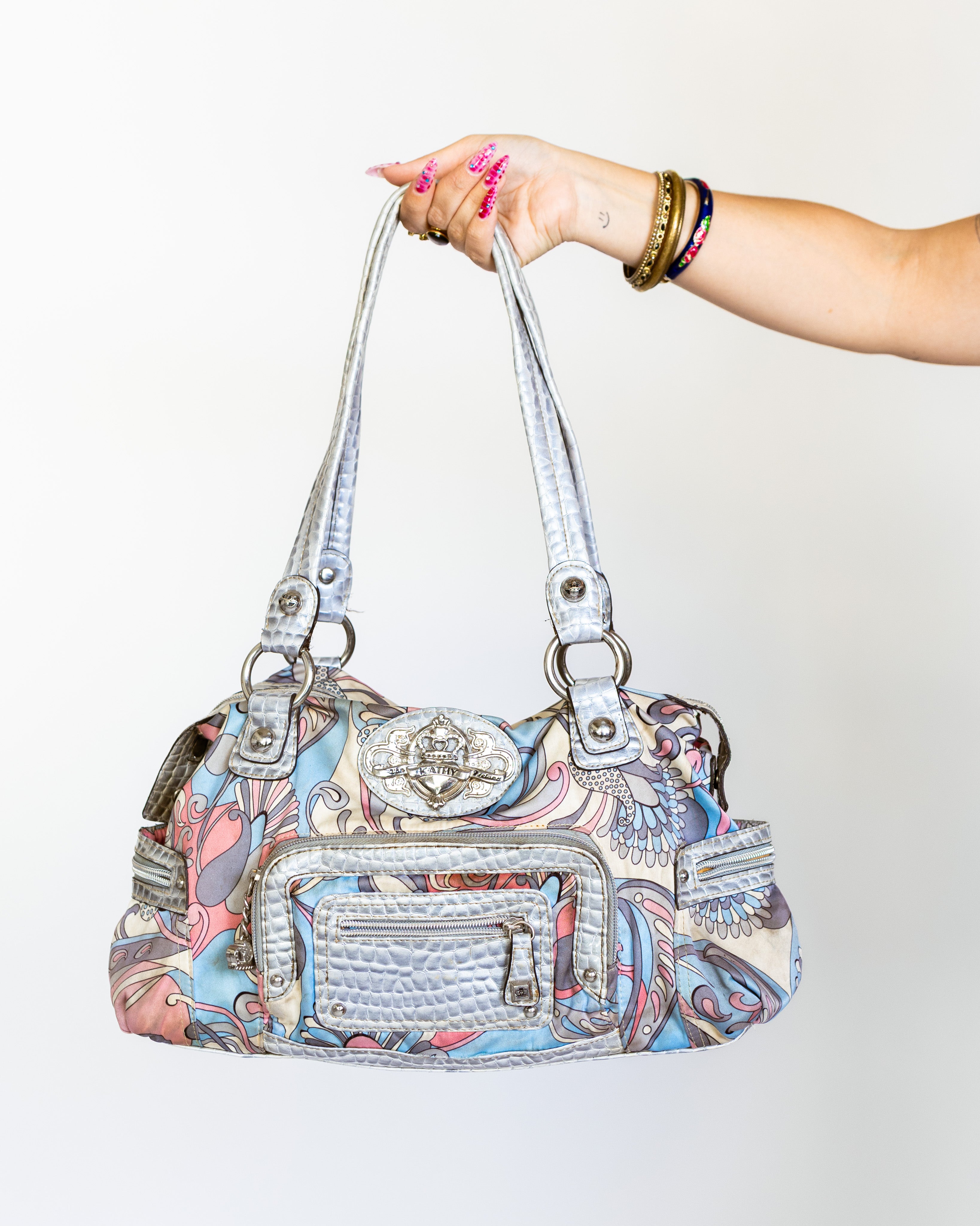 Kathy Van Zeeland Metallic Silver & Pastel Baroque Satchel