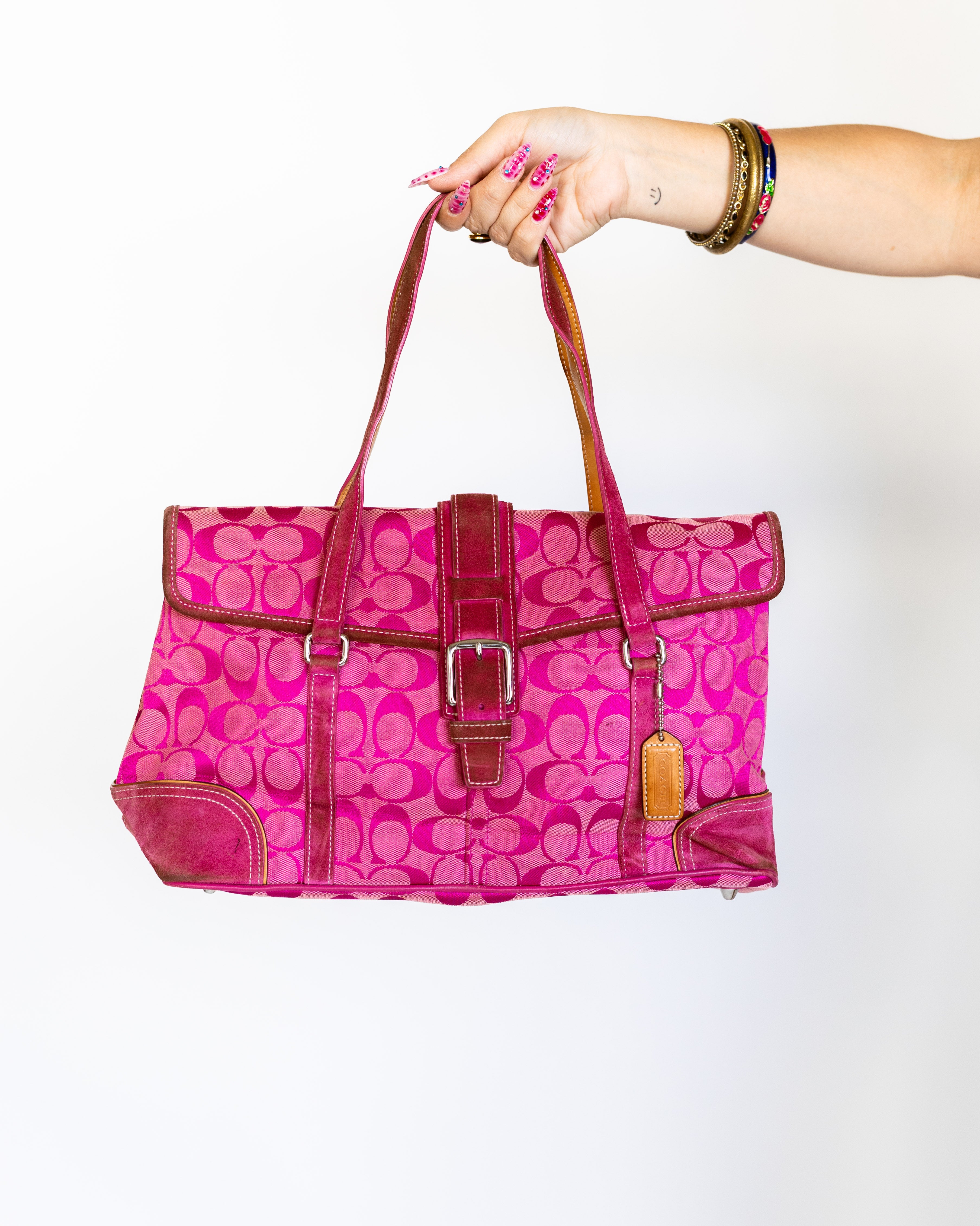 Hot Pink Signature Buckle Flap Coach Tote