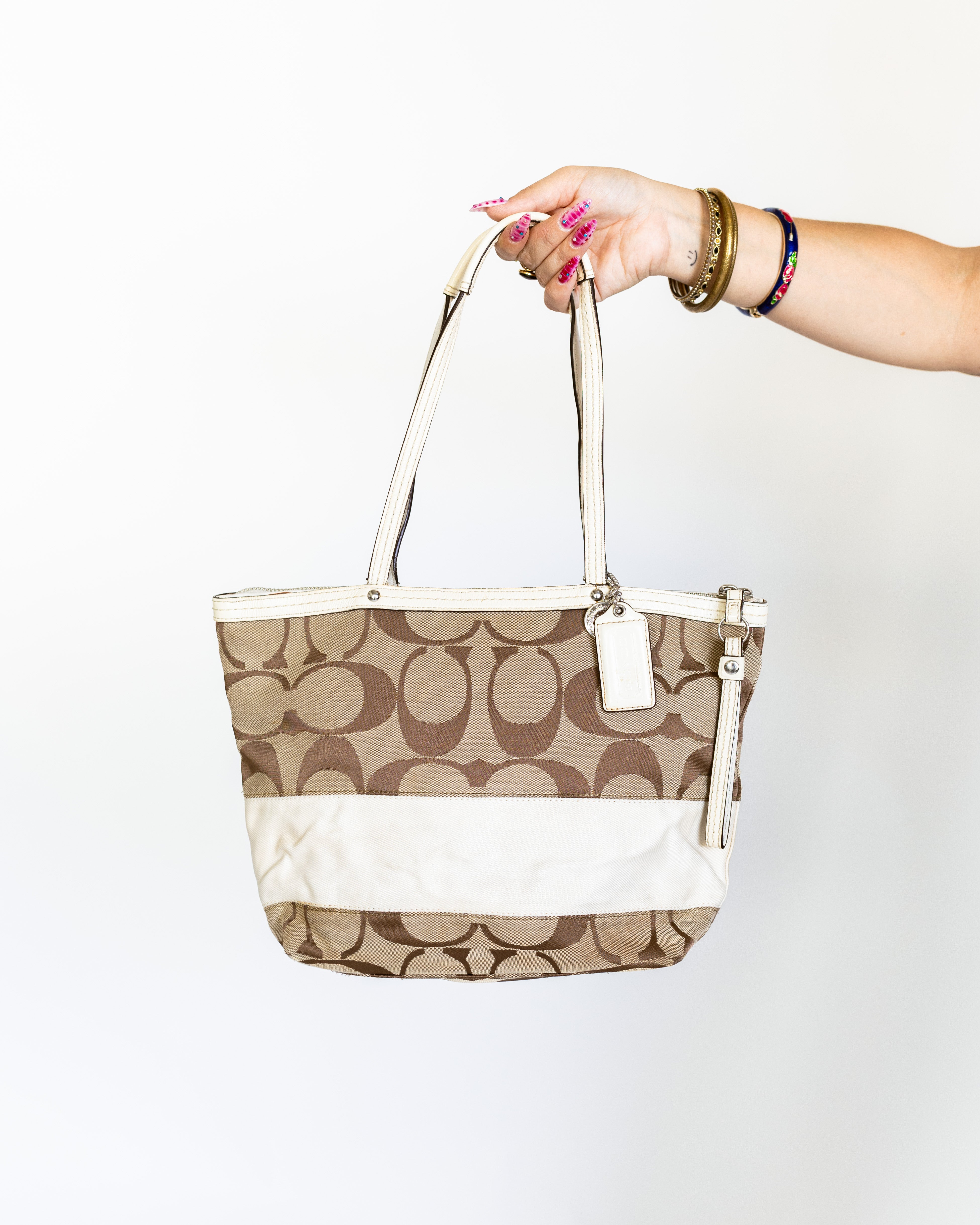 Khaki & White Signature Stripe Coach Tote
