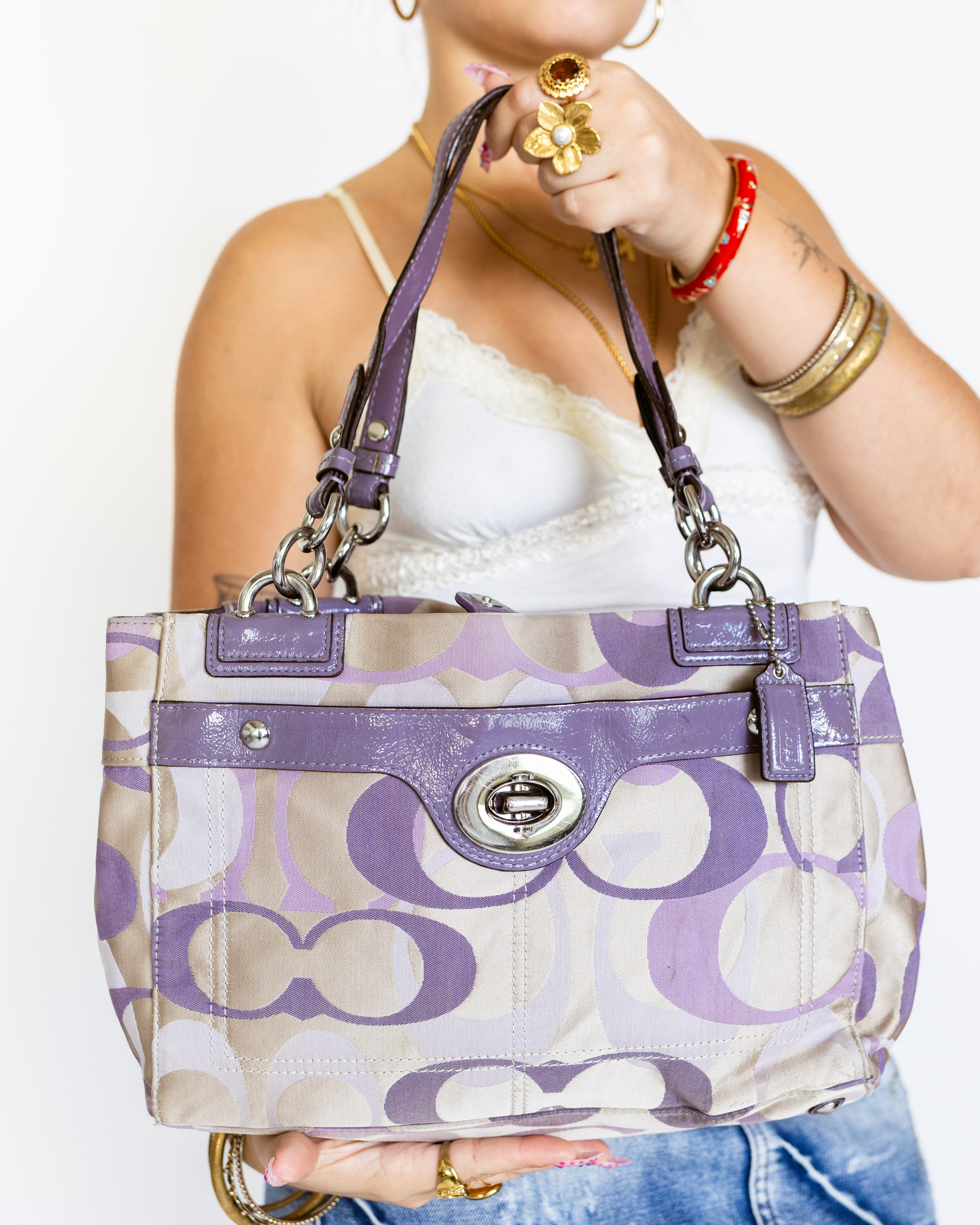 Lilac & Cream Turnlock Signature Coach Tote