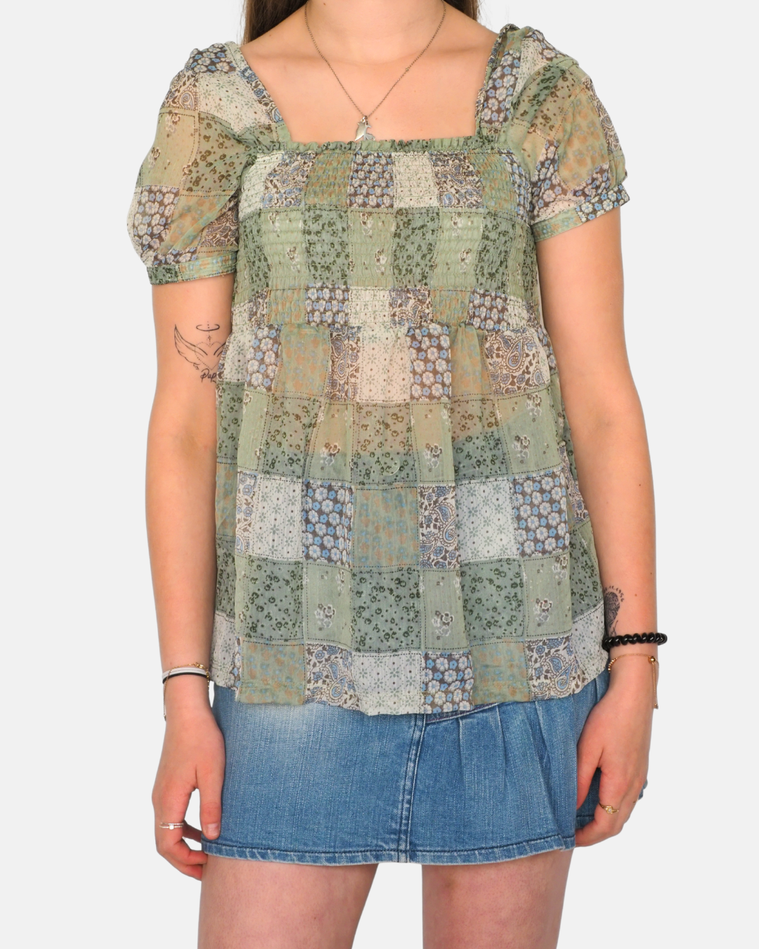 Only Green Patchwork Puff Sleeve Babydoll Top