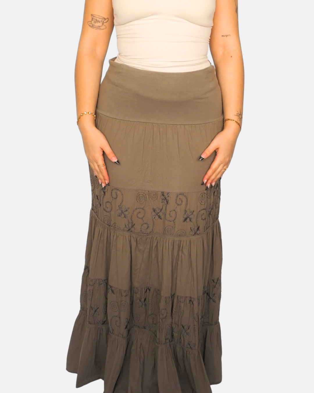 Mocha Tiered Skirt with Embroidery