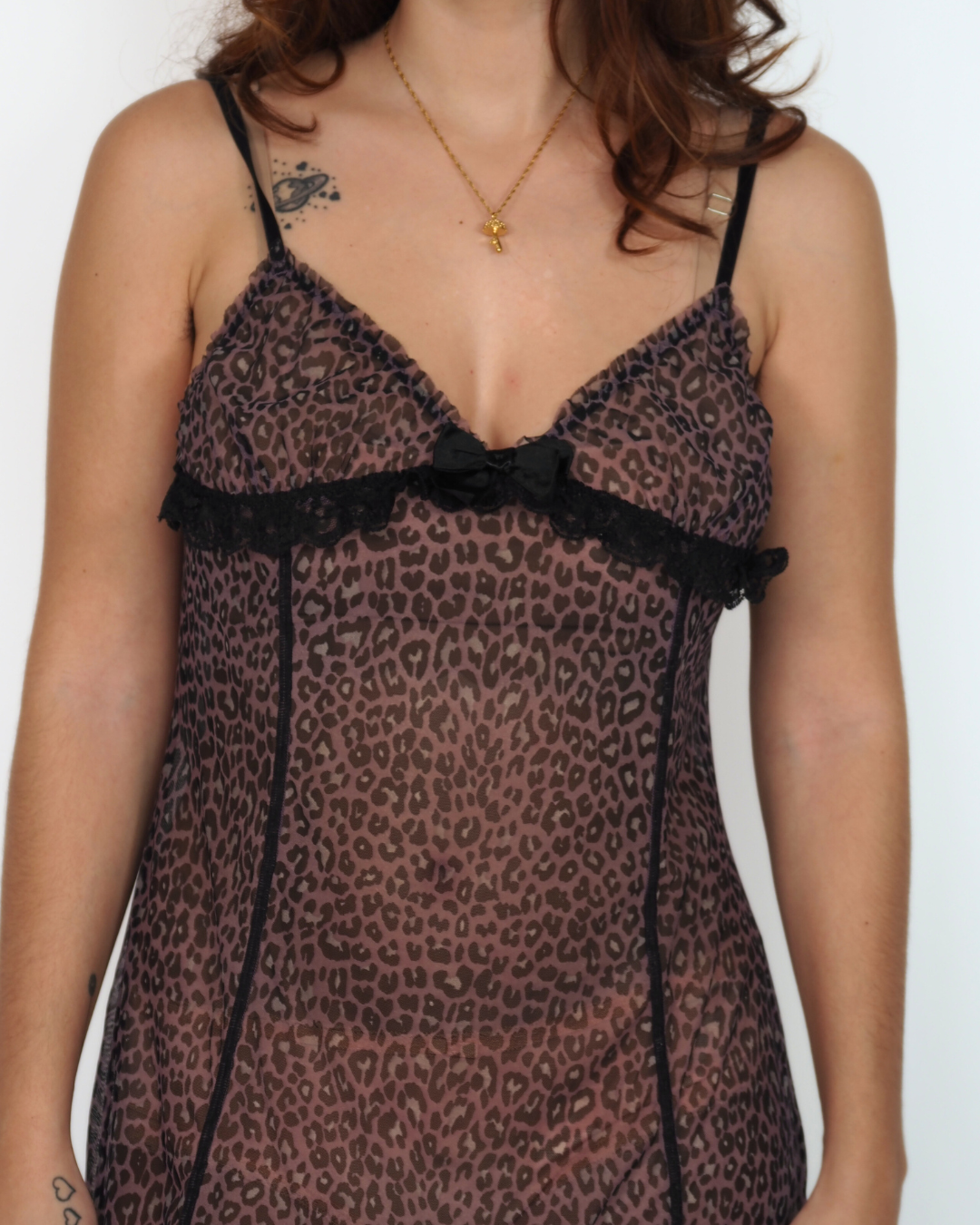 Vintage Oysho Leopard Print Sheer Lingerie Slip Dress with Pretty  Black Trimming