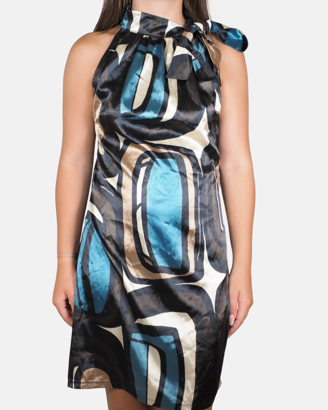 Abstract Satin Bow-Neck Halter Dress